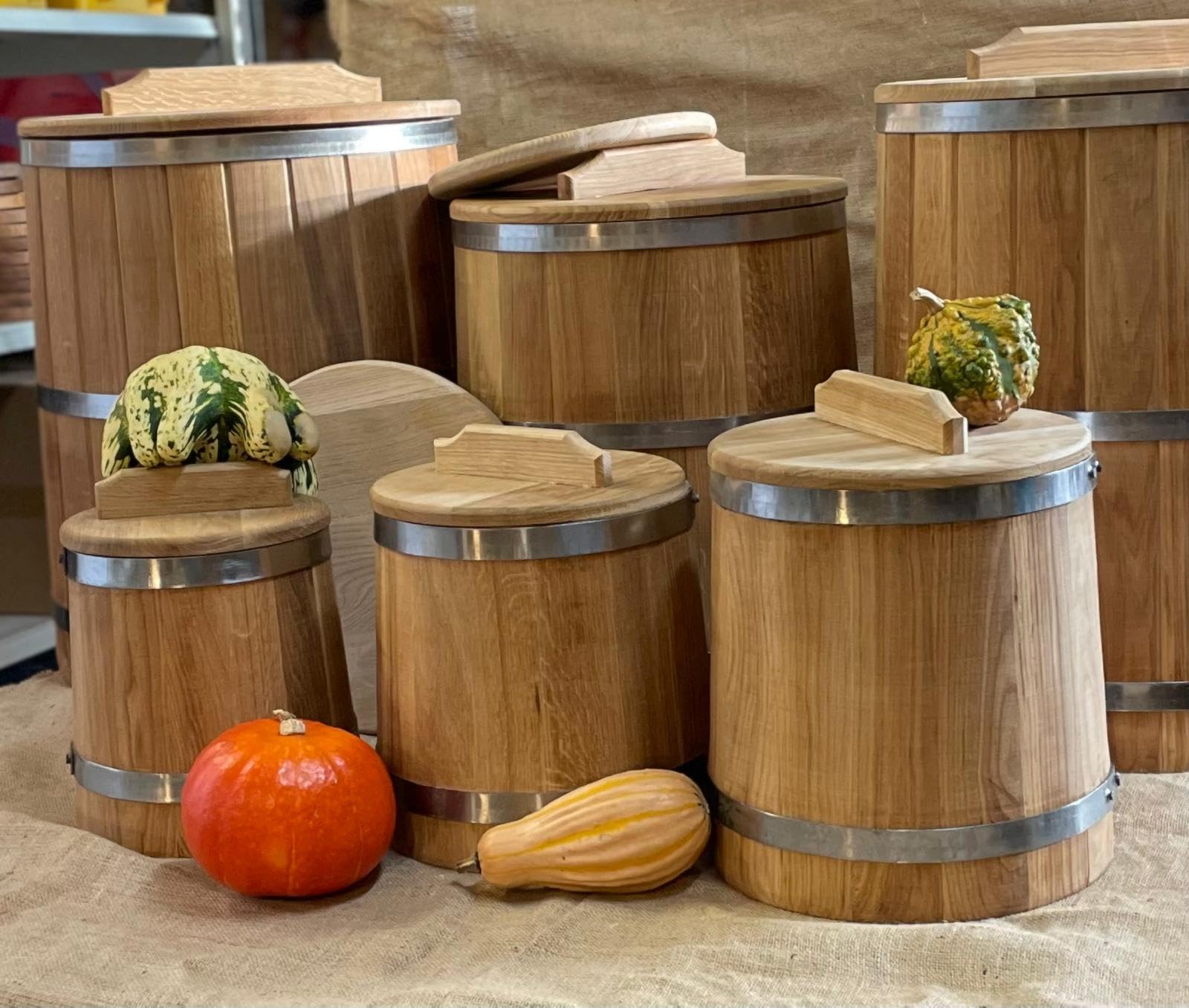 Sauerkrauttopf 5 L, Eiche, Gurkentopf, Einlegegefäß, Holzgefäß zum Einlegen für Gemüse, (Bottich), mit Deckel und Druckplatte, Einlegetopf, Gärtopf