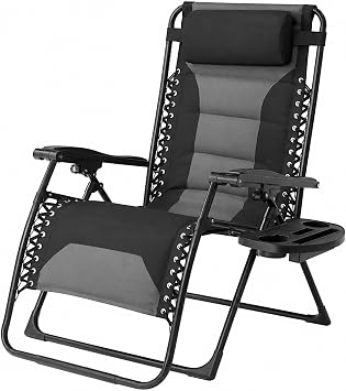 SUNW Oversized Zero Gravity Chair, XL Folding 400lbs Recliner with Adjustable Pillow & Cup Holder Black & Gray