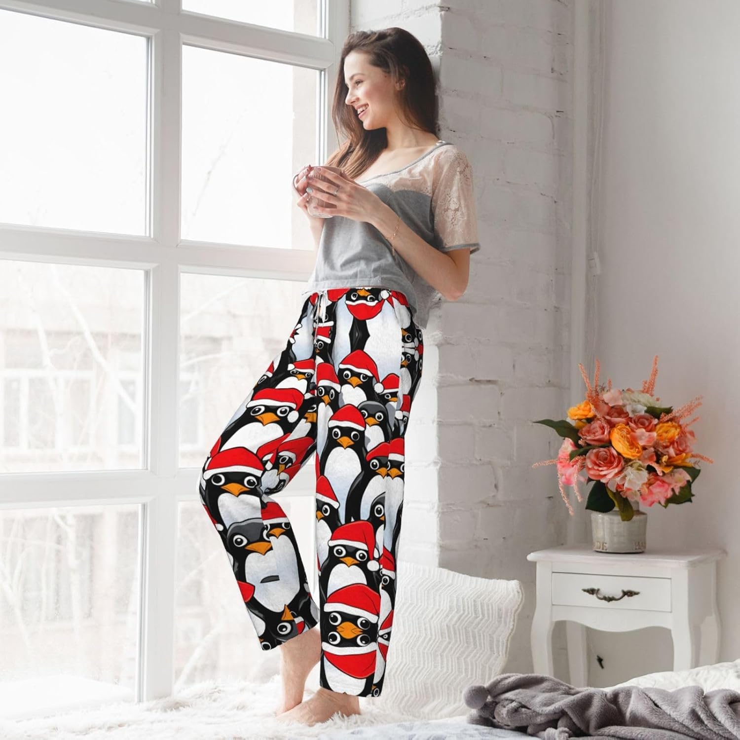 Christmas Penguins Print Flannel Pajama Pants,Warm Pajama Pants,Perfect For Christmas And Everyday Comfort