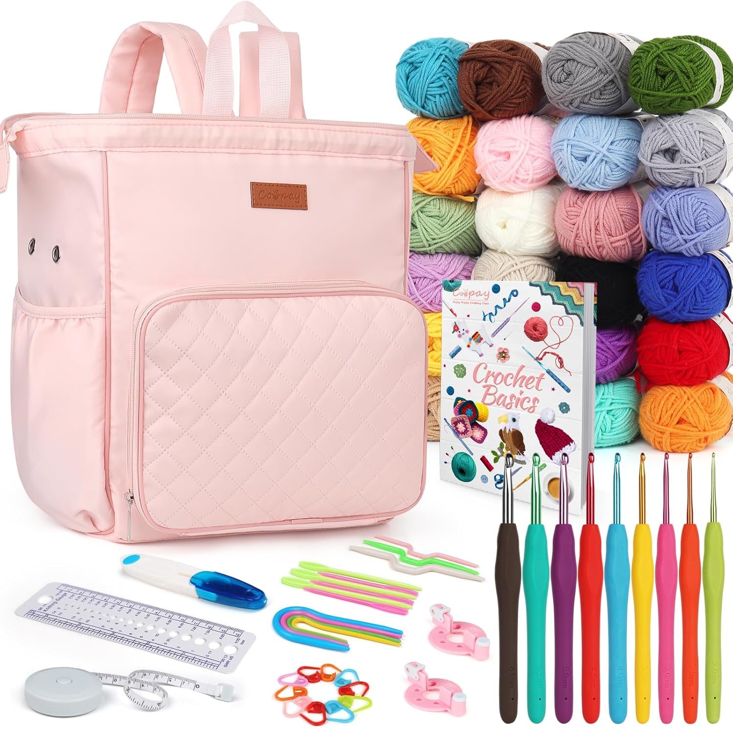 Coopay Crochet Kits for Beginners Adults, All in One Crochet Starter Kits Include 24pcs Yarn Balls, Knitting Bag Backpack, Ergonomic Crochet Hooks 2.0-6.0 mm, Knitting Tools, Crochet Start Kit UK