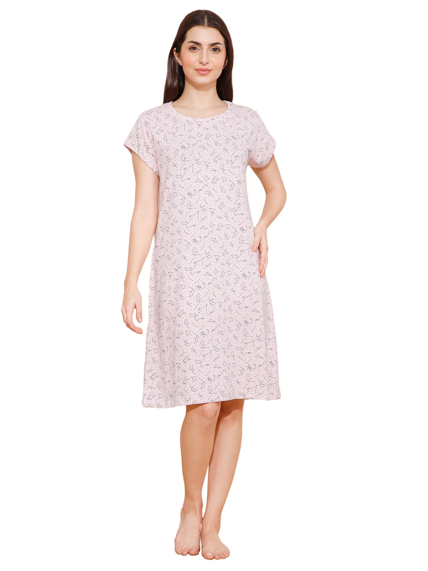Mushy Mod Women's Cotton Lines Print Knee Length Night Dress/Night Gown/Short Nighty - MM-3005