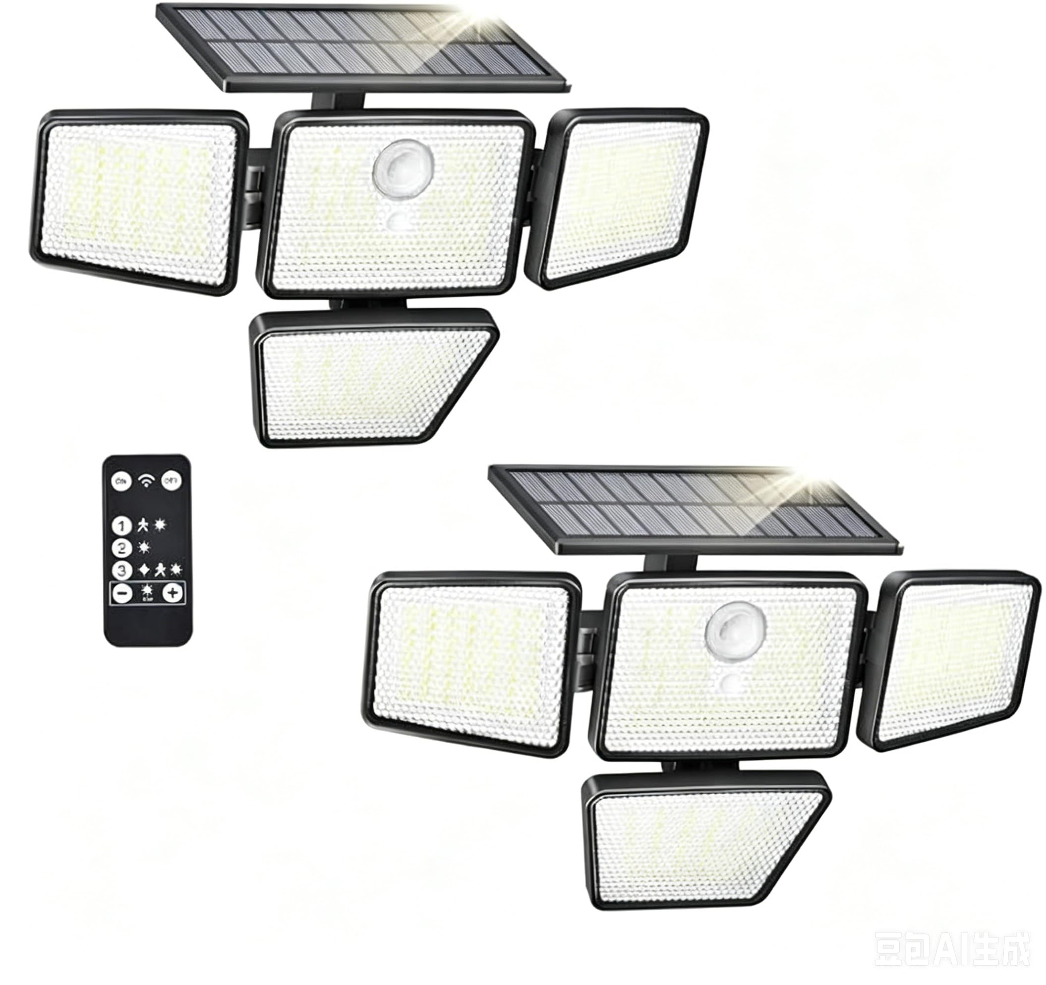 UME Lampe Solaire de Sécurité Extérieur, 196 LED avec Détecteur de Mouvement PIR, 3 Modes, 4 Têtes Orientables, Projecteur à Énergie Solaire avec Télécommande, IP65 Étanche – Lot de 2