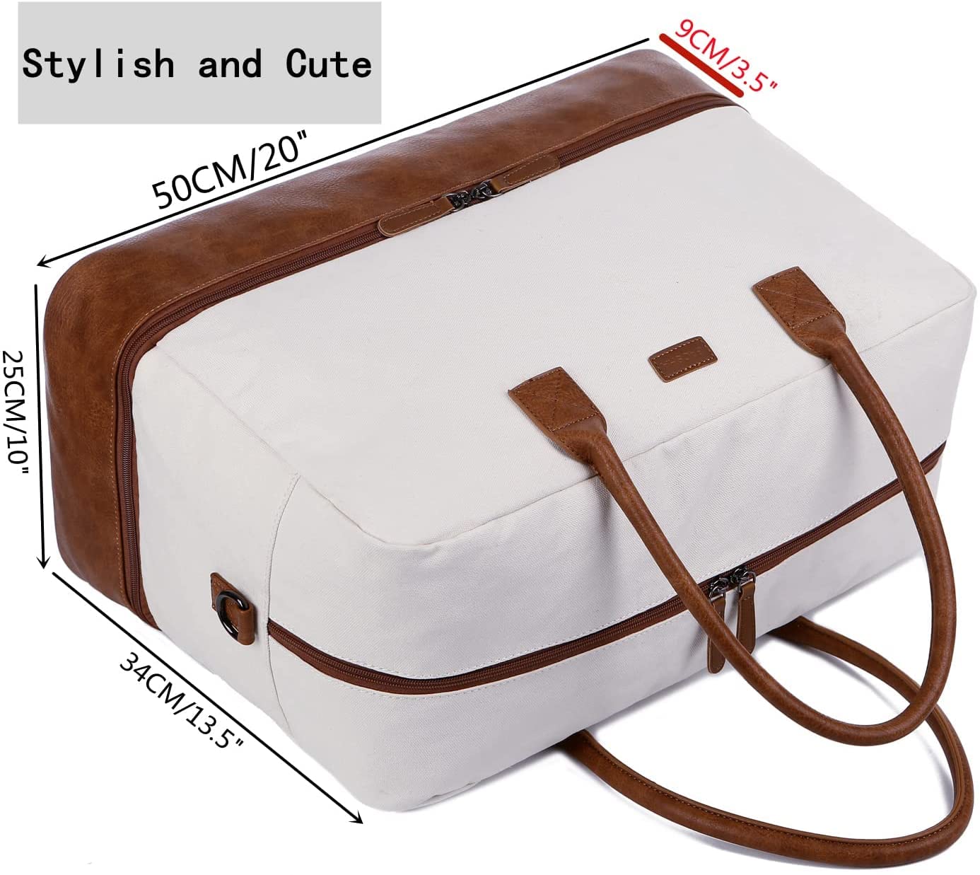 Bolso de mujer para viaje fin de semana, equipaje de mano de lona con compartimento para zapatos y neceser HB-10, blanco/beige, Vintage
