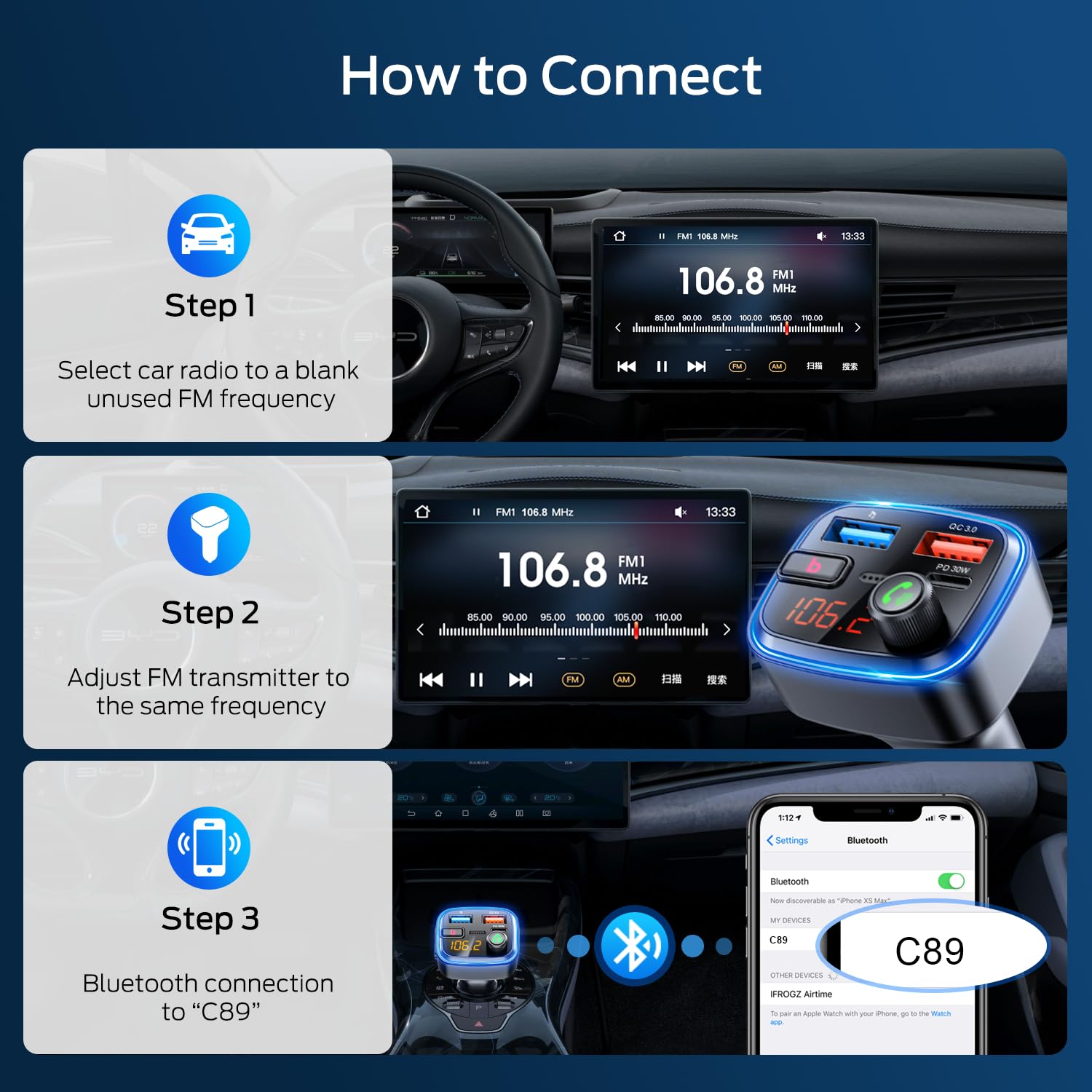 HUNDRUP Adaptateur Bluetooth 5.4 pour voiture, adaptateur USB Bluetooth pour charge, émetteur FM sans fil, radio mains libres et récepteur audio (bleu-48 W)