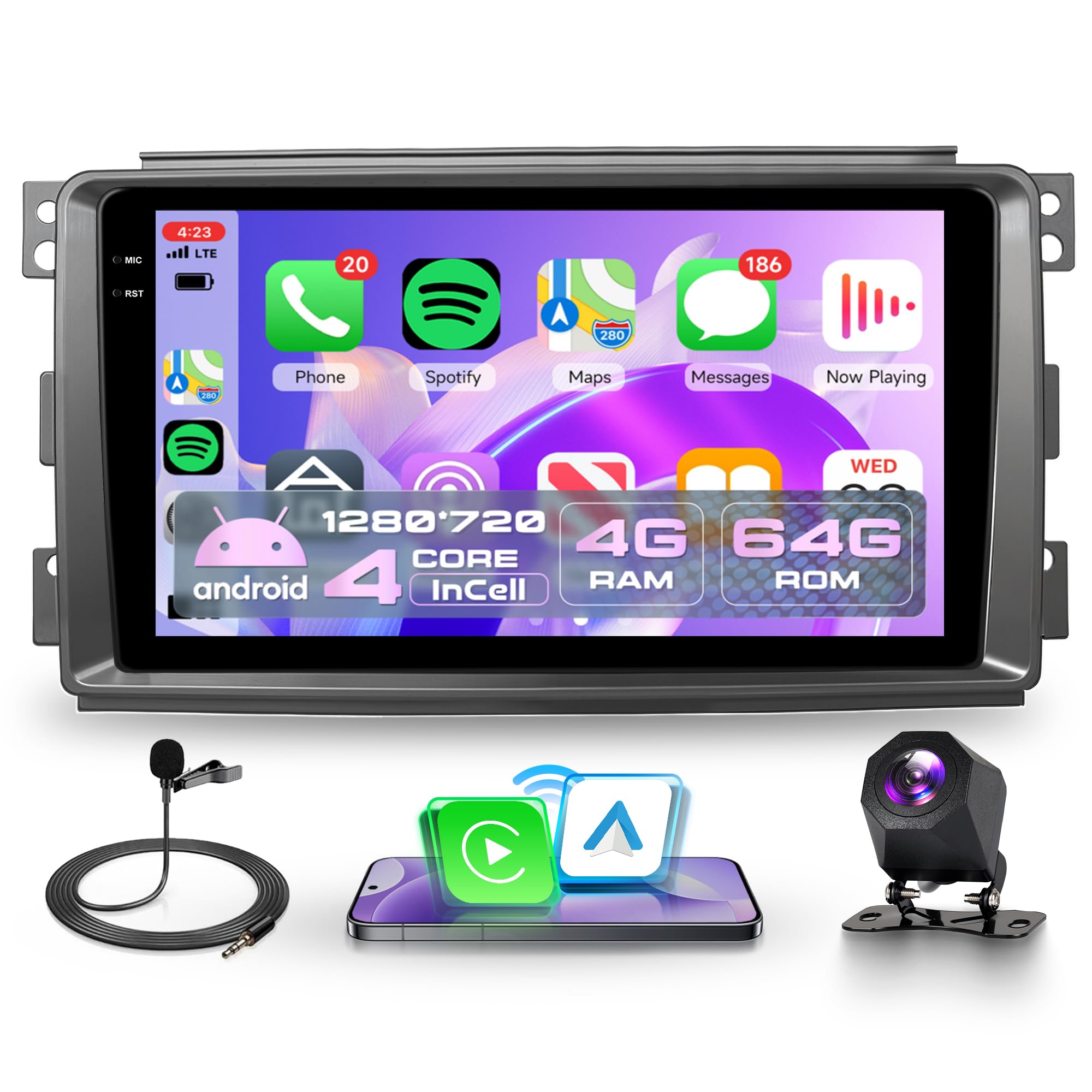 4G+128G Inalámbrico Carplay Android Radio Coche para Mercedes Benz Smart Fortwo 451 2005-2010 9 Pulgadas Incell Pantalla Radio Coche Android Auto GPS Navi WiFi Bluetooth FM/RDS EQ/SWC Cámara Trasera