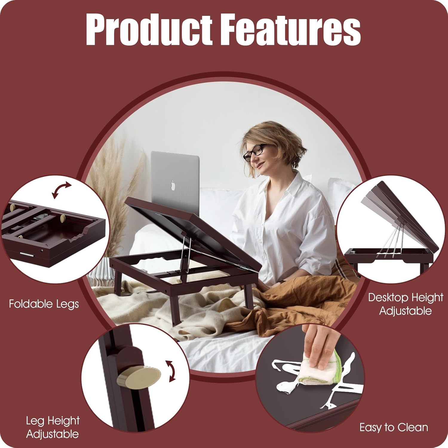 2 Pack Bamboo Adjustable & Foldable Bed Tray Table with Ergonomic Handle, 17x12in Breakfast Tray for Eating, Laptop Desk, Sofa Snacking, Non-Slip Surface (Mahogany)