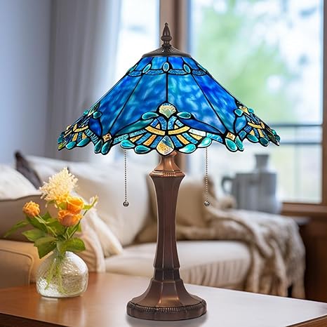 COTOSS Tiffany Table Lamp for Living Room,Blue Stained Glass Table Light,Antique Style 16 inch Large Desk Lamp 2 Light Beside Reading Lamp for Bedroom Office