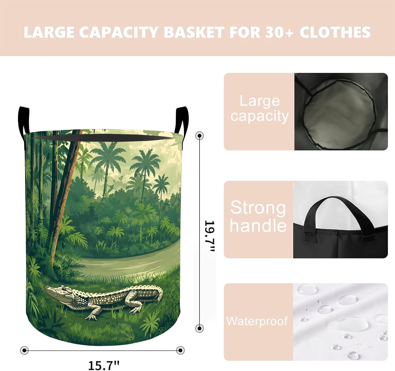 Alligator Laundry Basket Hamper 19.7"x15.7", Organizer Bins Gifts for Kids Boys Girls, Tropical Crocodile Wildlife Foldable Wateshrproof Oxford Clothes Storage Bucket for Bedroom Bathroom Decor image 4