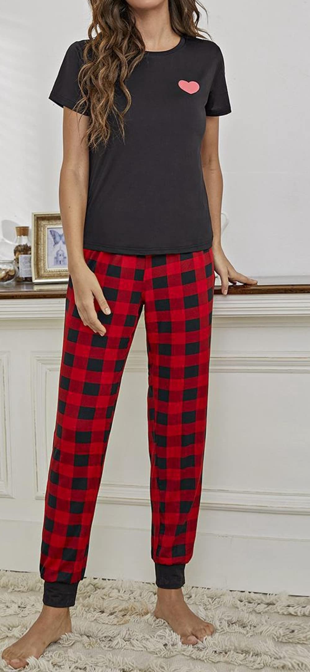 Donna Pigiama Estivo Due Pezzi,Black Love Top Plaid Pants Donna Manica Corta Pigiama 2 Pezzi Set Morbido E Comodo Pigiama Da Donna Loungewear Regalo Per La Festa Della Mamma Per Moglie Fidanzata Mam