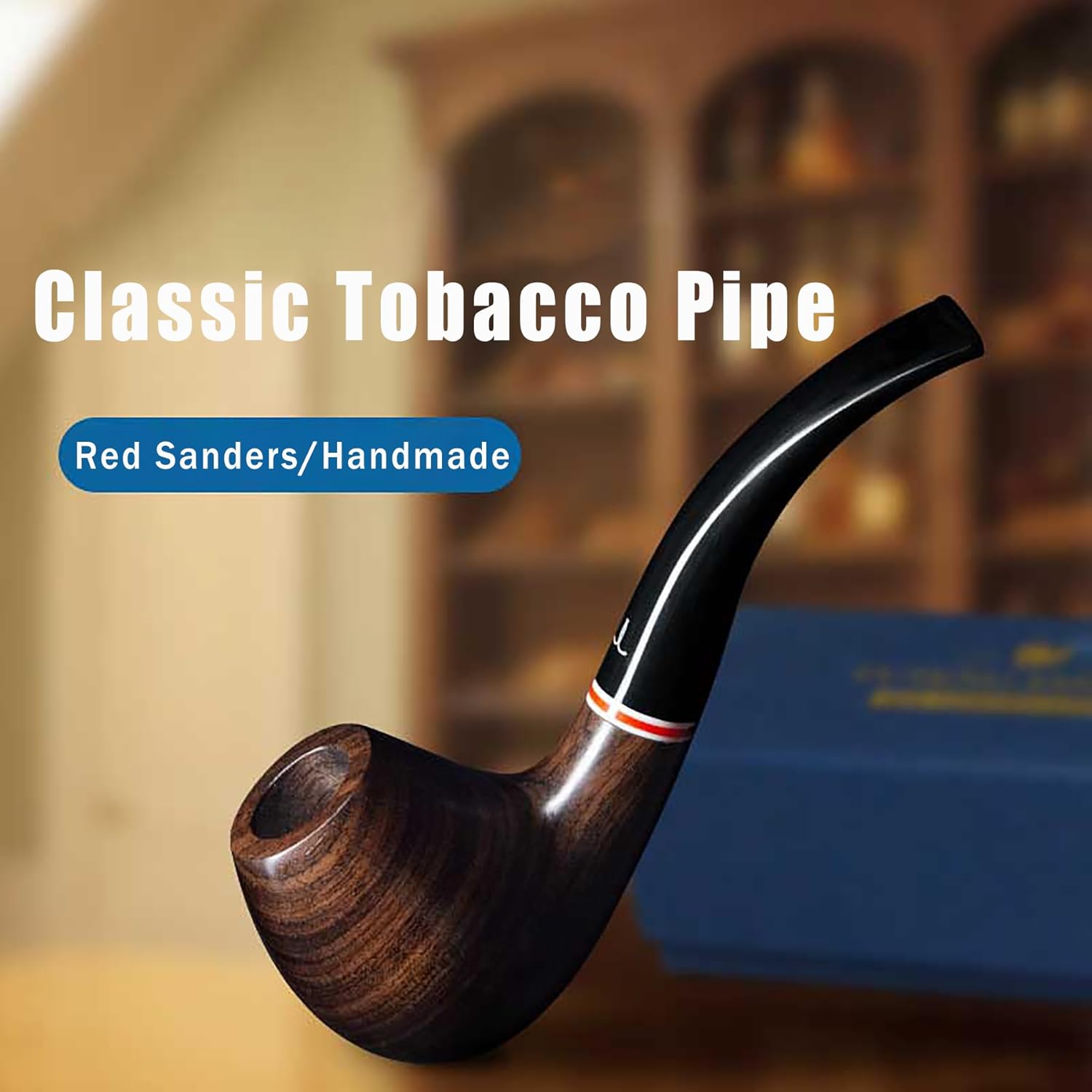Wooden Handmade Tobacco Pipe with Gasket, Wooden Handcraft Smoking Pipe, Customized Classic Bent Pipe, Handmade tobacco pipe with Accessories (Black)