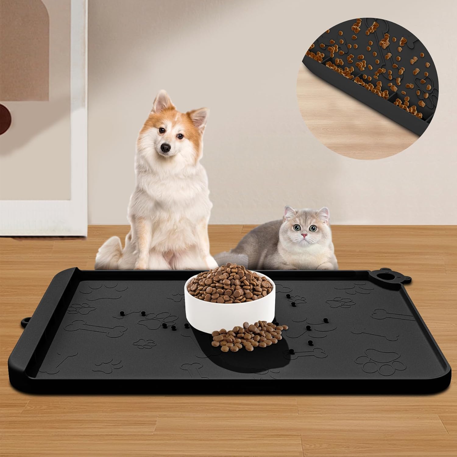Dog Food Mat, Silicone Dog Mat for Food and Water -Pet Feeding Mats with Residue Collection Pocket, Waterproof Dog Cat Bowl Mats with Raised Edges and Hooks, Placemats for Cats and Dogs Water Bowl