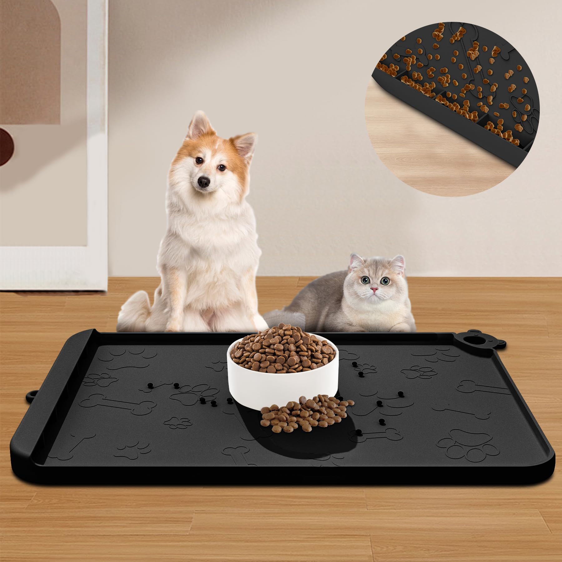 Silicone Pet Feeding Mat for Food & Water - Dog & Cat Bowl Mat with Raised Edges & Hooks, Residue Collection Pocket