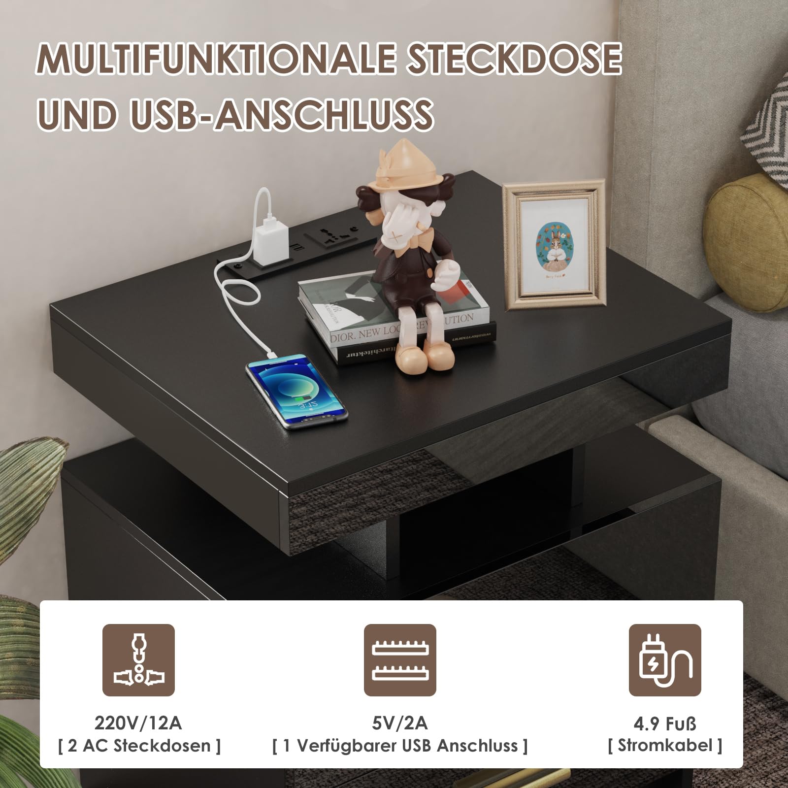 HaodaCulture Comodino LED con stazione di ricarica,Comodini Camera da Letto con 2 Cassetti e USB Comodino con illuminazione a LED 16 Colori Regolabile comodino con led adatto (1, Nero