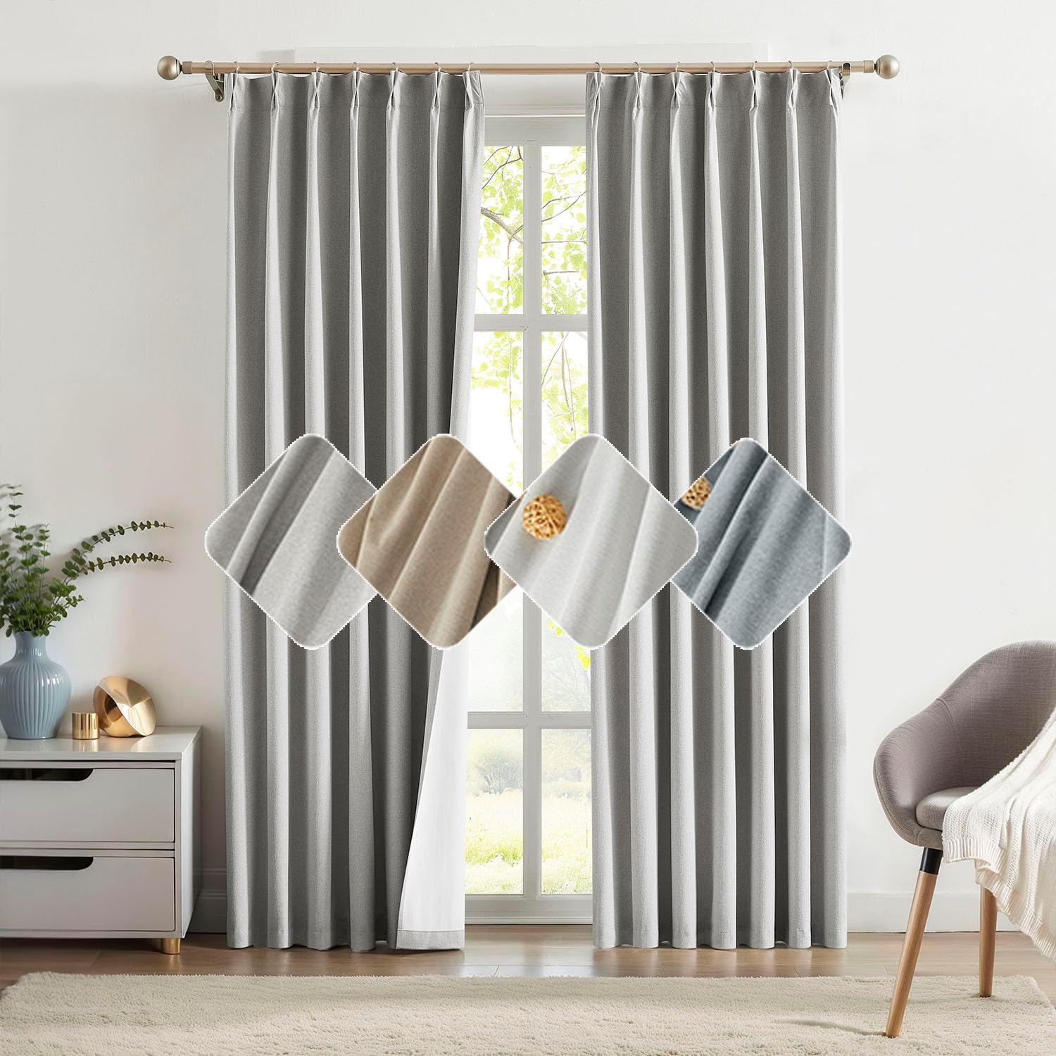 Randall Silver Grey Pinch Pleated Curtains Full Blackouk Window Drape Thermal Insulated & Energy Saving for Living Room Bedroom Back Tab & Ring Hooks Darkening Linen Textured Curtains 2 Panels 84 Inch 38"W x 84"L (Pack of 2) Grey