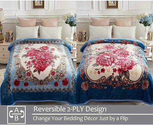 Miniatura 3 de Manta coreana de visón sintético de 5 libras, 2 capas, reversible, esponjosa, sedosa, súper cálida y acogedora, manta suave en relieve (florazul