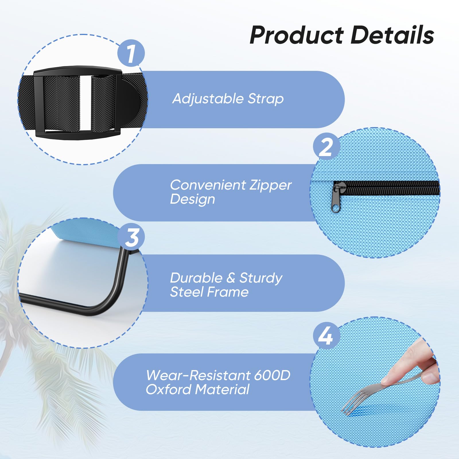 WildFun Chaise de Plage Portable, Chaise de Plage Pliante，Adjustable Lightweight Tanning Chair for Outdoor Sand Camping Sunbathing (1pcs, Bleu et Blanc)