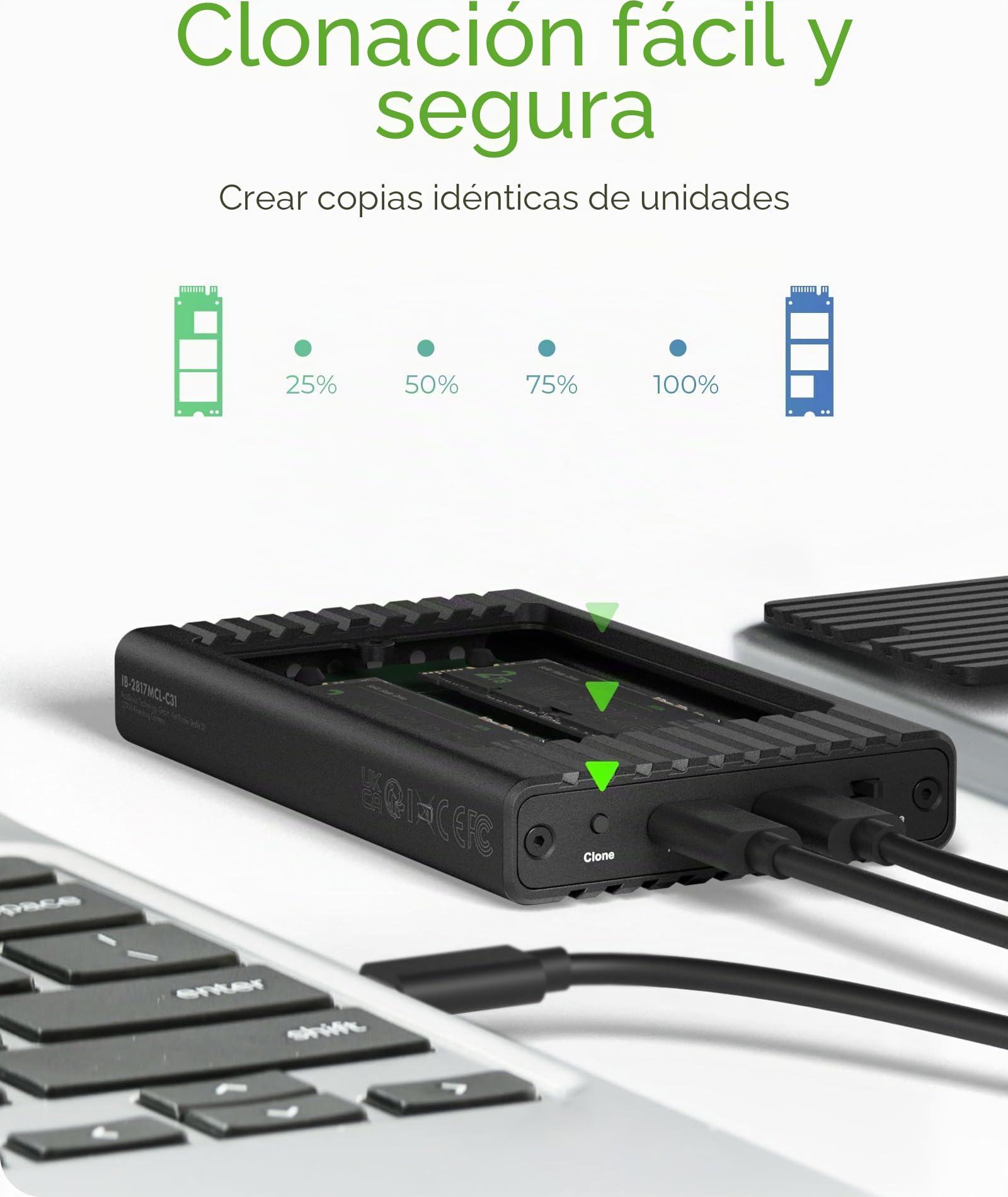 ICY BOX M.2 NVMe SSD Docking Station USB 3.2 Gen 2 (10 Gbit/s), estación de clonación y Lector NVMe, Carcasa Externa, Adaptador, USB-C y USB-A, IB-2817MCL-C31