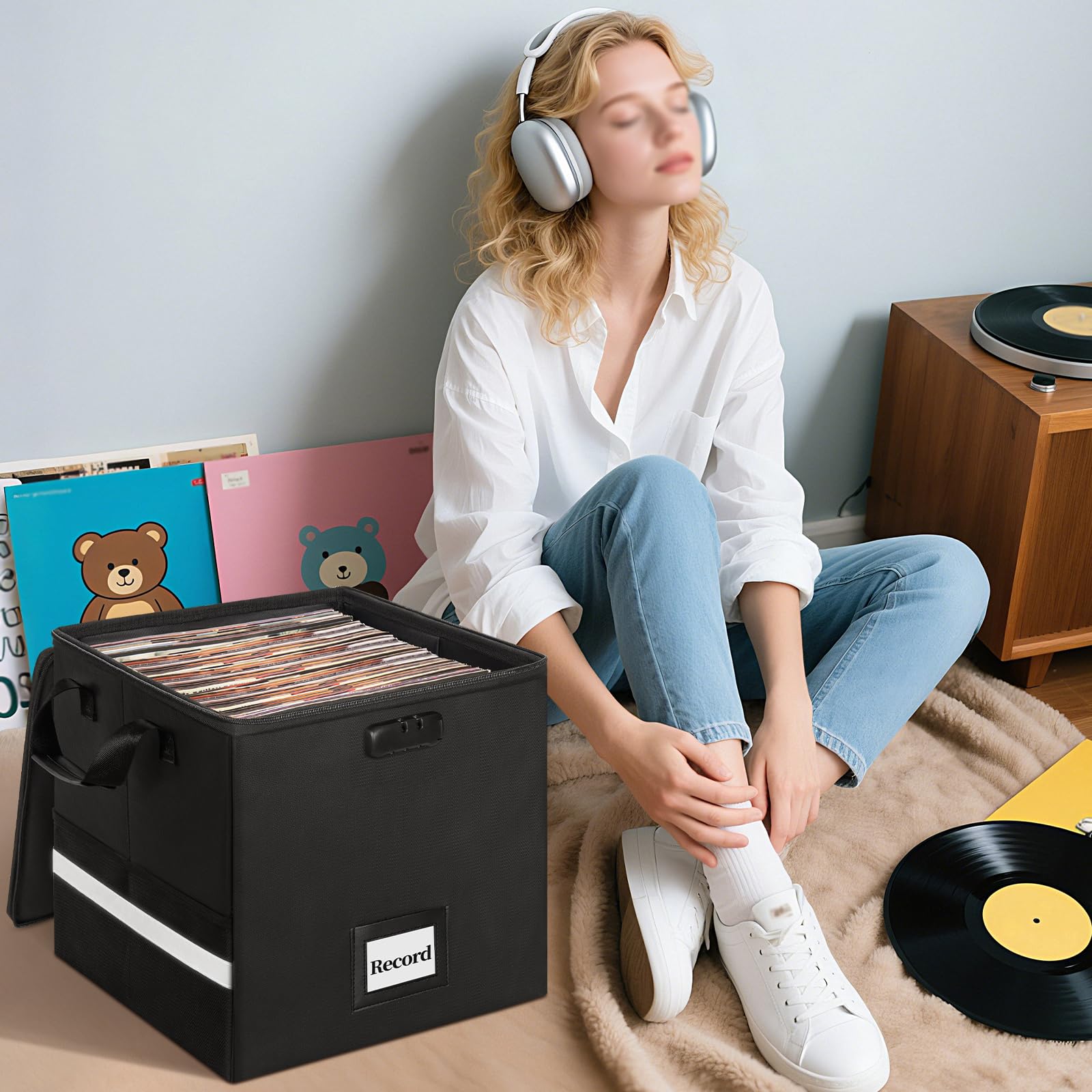 OUUTMEE Scatola portaoggetti per dischi in vinile ignifugo con serratura, resistente all'acqua, per dischi da 30,5 cm, può contenere fino a 100 dischi singoli, cassa pieghevole per collezione di album