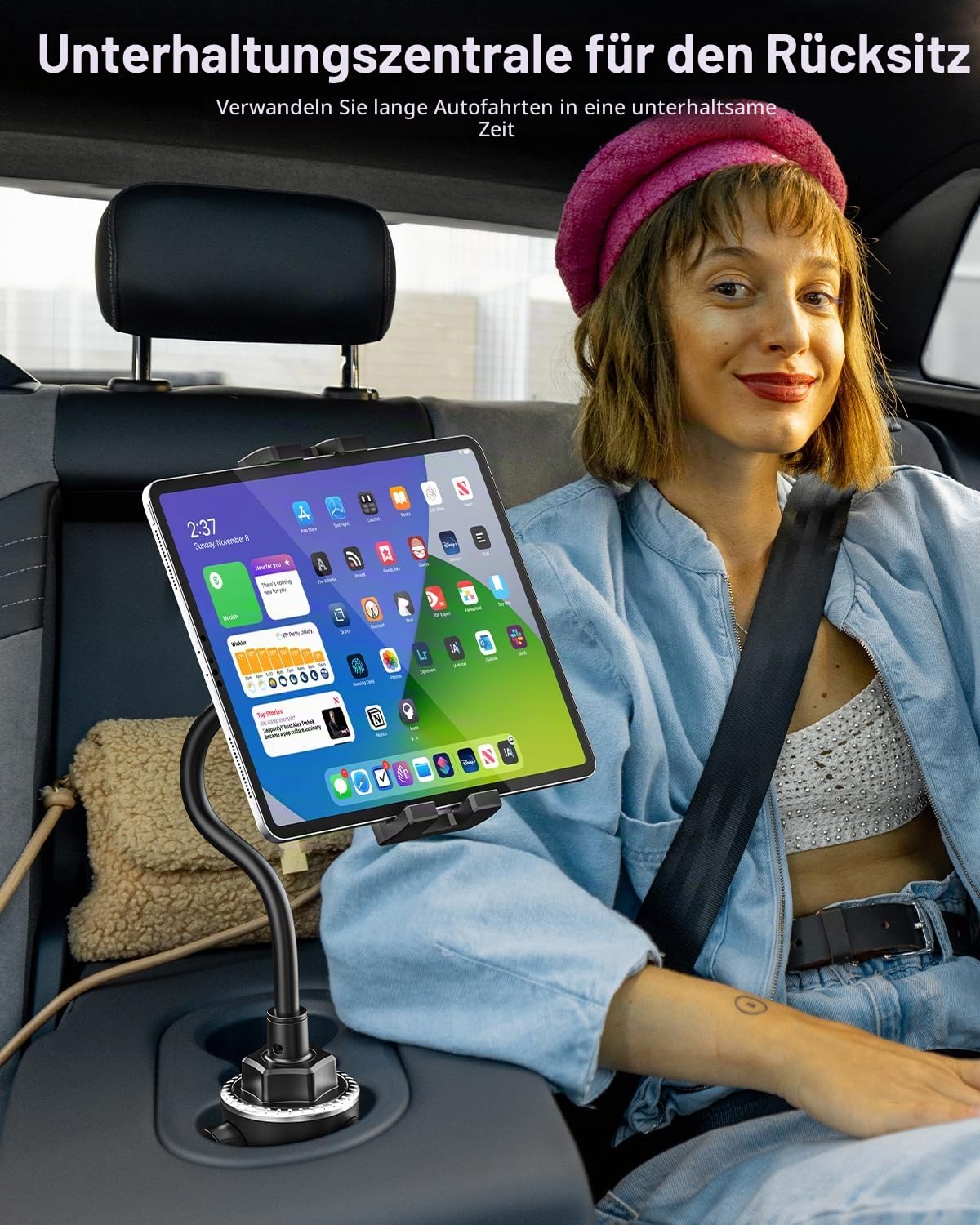 Schwanenhals Auto Tablet Getränkehalter, woleyi Universal Tablet Getränkehalter für Auto, LKW, Laufband, Golfwagen, für iPad Pro 12.9 Air Mini, Galaxy Tabs, iPhone Mehr 4-13" Handy und Tablets