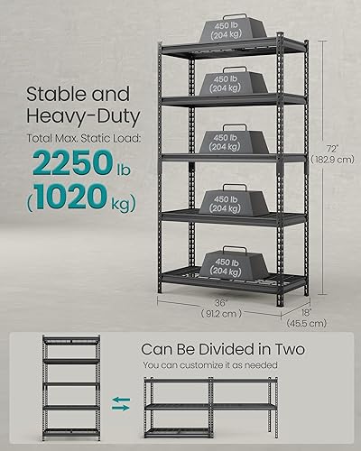 Miniatura 3 de SONGMICS Estantes de almacenamiento de 5 niveles, estantería de garaje resistente, estantería ajustable, estante de acero, montaje sin tornillos,