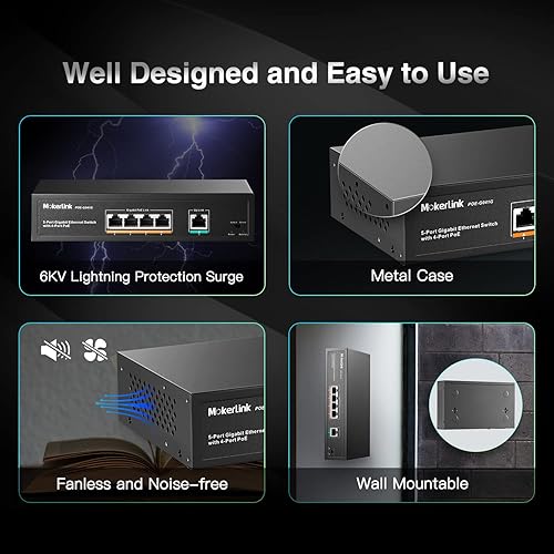 Miniatura 5 de MokerLink Conmutador POE Gigabit de 5 puertos, con 4 puertos POE+ 1000Mbps, 78W IEEE802.3afat, Plug and Play no administrado, metal resistente sin