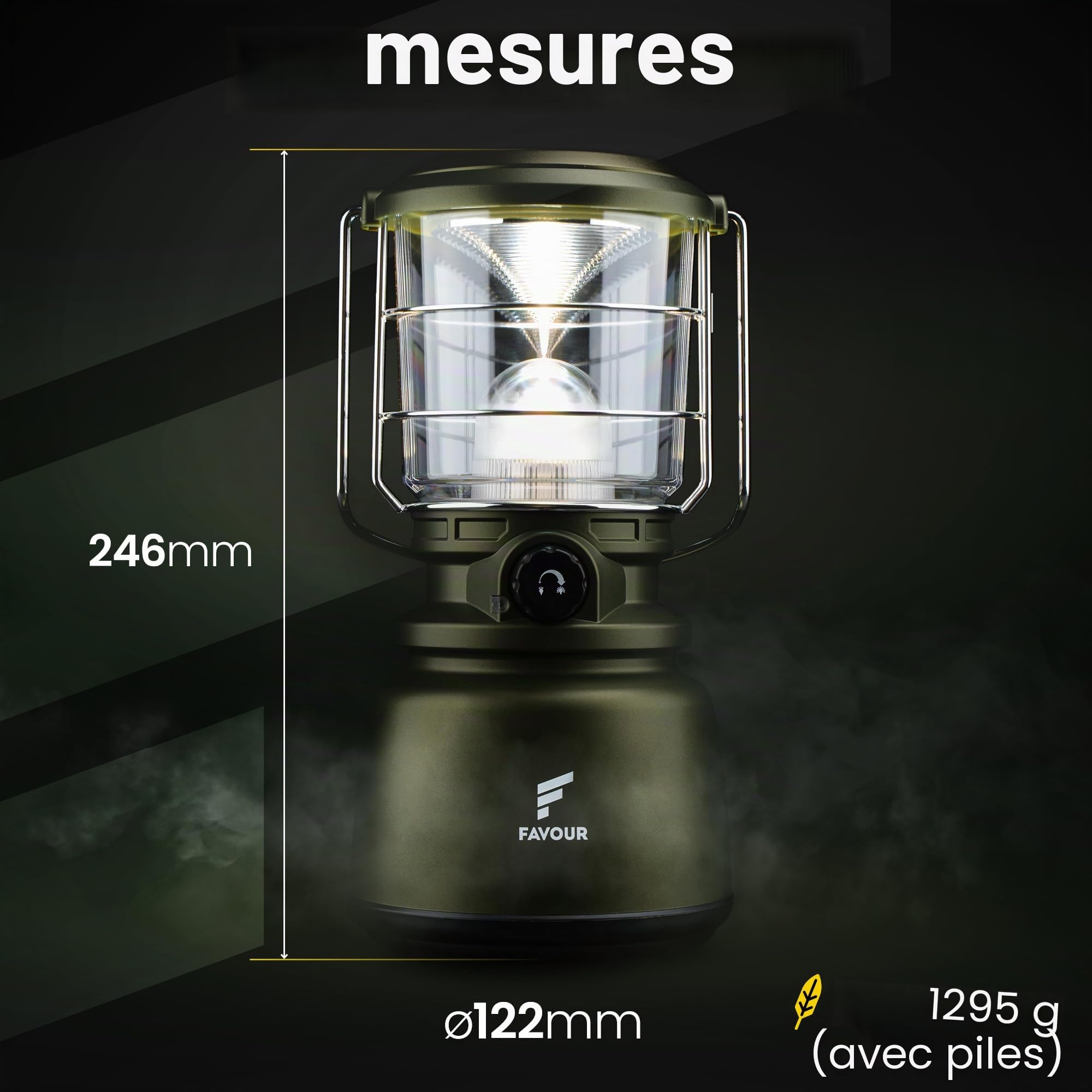 Favour Lampe LED Camping puissante 1300 Lumens | Lanterne exterieur IP64 Étanche, Fonctionne sur piles, température de couleur réglable dont Mode Bougie | Lampe de tente, éclairage à 360 degrés