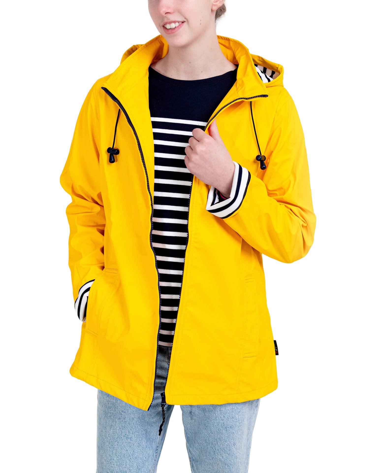 Breizh Ocean - Chubasquero Mujer para la lluvia, de XS a 4XL, Marca Francesa ERQUY, Chaqueta Mujer Corte Ajustado con Interior a Rayas, Abrigo Impermeable Disponible en Tallas Grandes