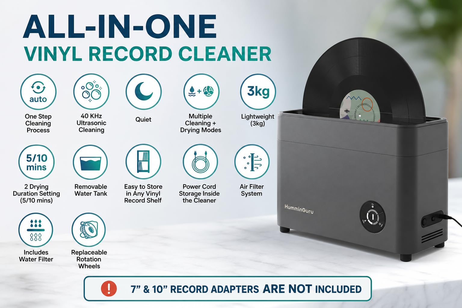 HumminGuru Nettoyeur de disques Vinyle à ultrasons - Nettoyage Professionnel à ultrasons LP 40 kHz avec séchage Automatique, capacité de 350 ML, filtres à air et à Eau Inclus, Garantie 1 an. (HG01)