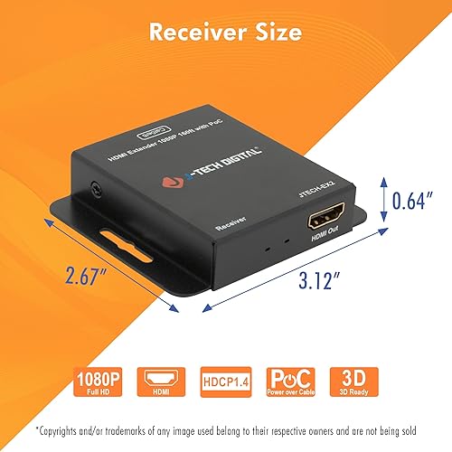 Miniatura 9 de J-Tech Digital Extensor HDMI a través de Ethernet único Cat5e67 1080P hasta 1080P 160 pies Soporte PoC 3D Audio Digital, funciona con computadora