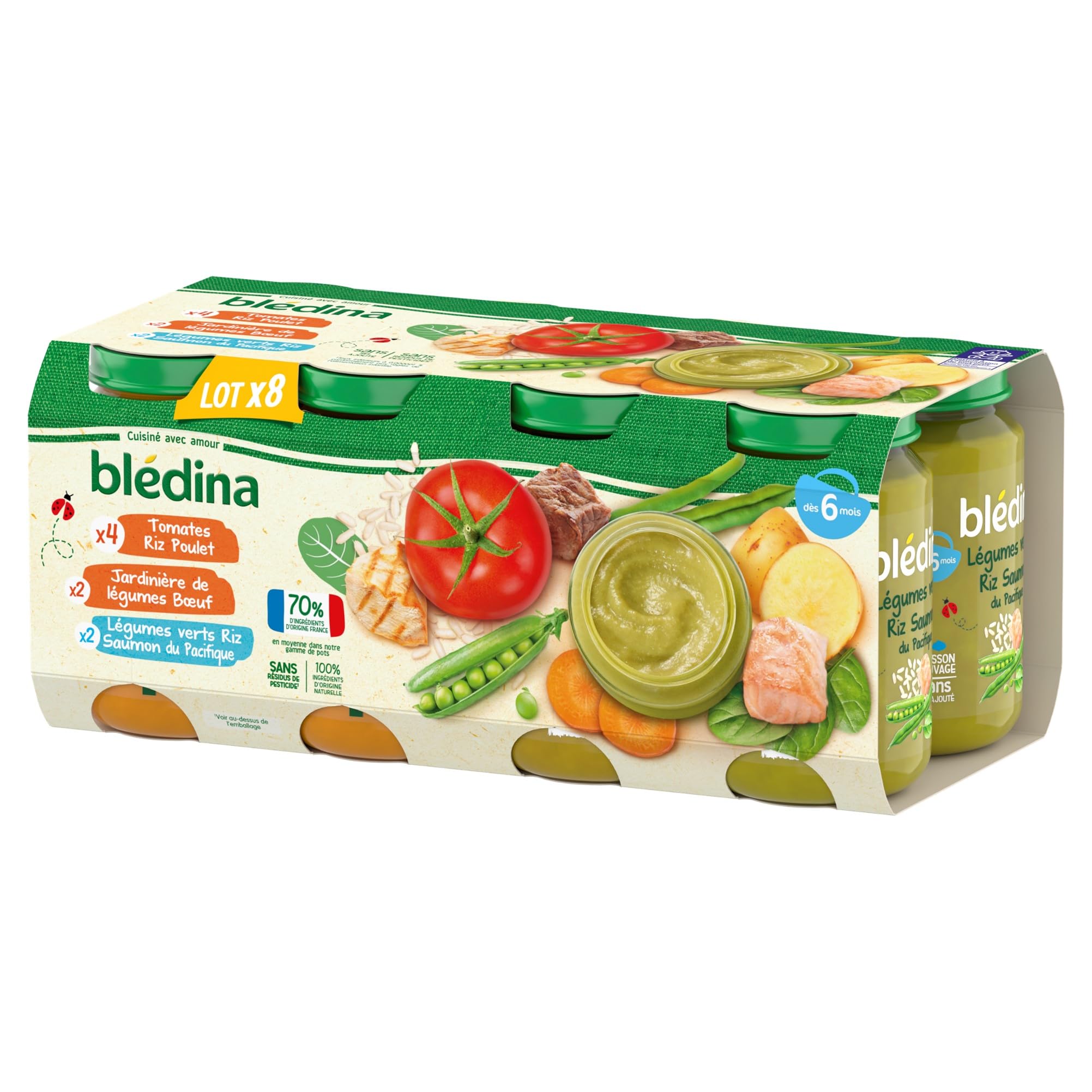 Blédina Petits Pots pour bébé, Dès 6 Mois, Tomates Riz Poulet / Légumes Bœuf / Légumes Riz Saumon, 200 g (Lot de 24)