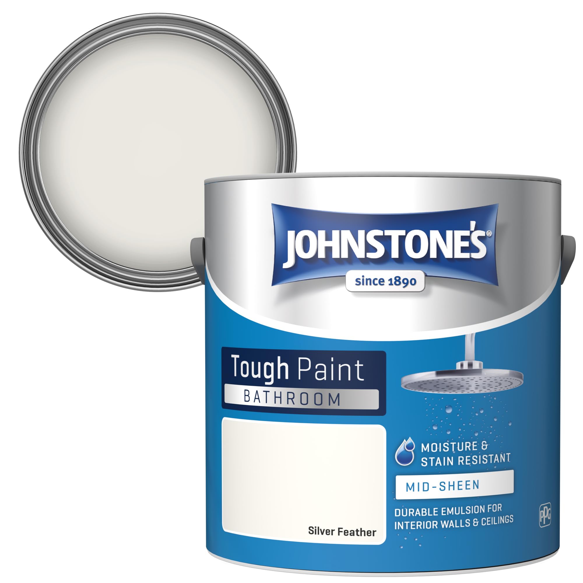 Johnstone's - Bathroom Paint - Silver Feather - Mid Sheen Finish - Stain Blocker Paint - Use in Moist & Damp Areas - Low Odour - Dry in 1-2 Hours - 12m2 Coverage per Litre - 2.5L