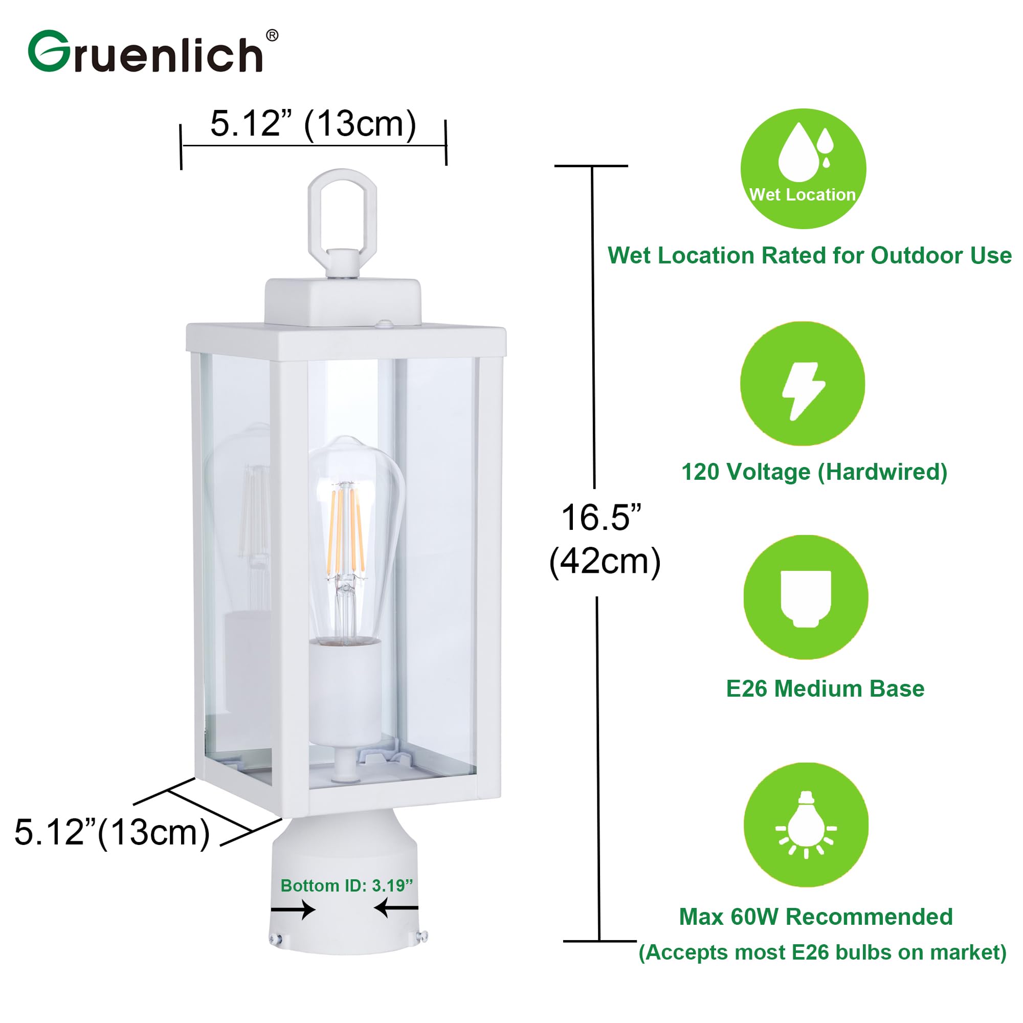 GRUENLICH Outdoor Pole Lamp – E26 Base 60W Max, Metal & Glass, Matte White, IP65 Wet-Rated, Hardwired, For Pathway, Porch, Garden