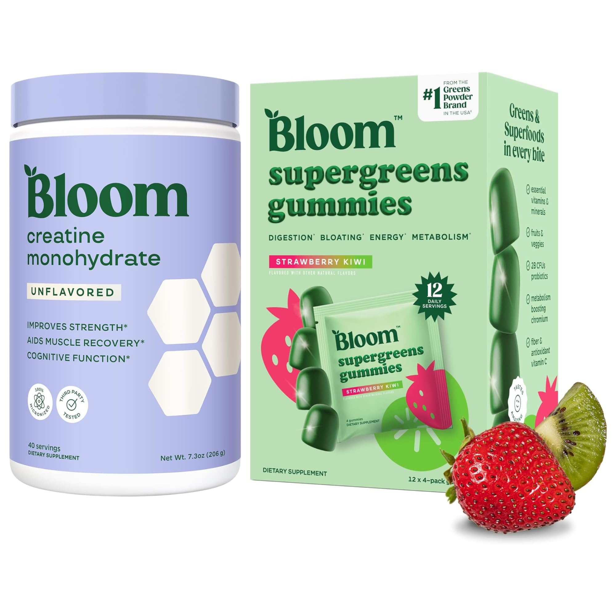 Bloom Unflavored Creatine and Greens Gummies Bundle