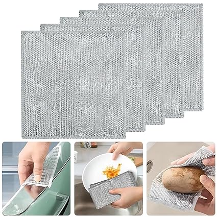 Zibuyu Non Scratch Dish Wash Cloth Soft Metal Mesh Scrubber Dishwashing Cloths Metal Wire Cleaning Cloth Scouring Pads Wet and Dry Use Pads Cloth for Dish Cleaning, Bowl, Pan (7.8 Inch) - 5 Pcs