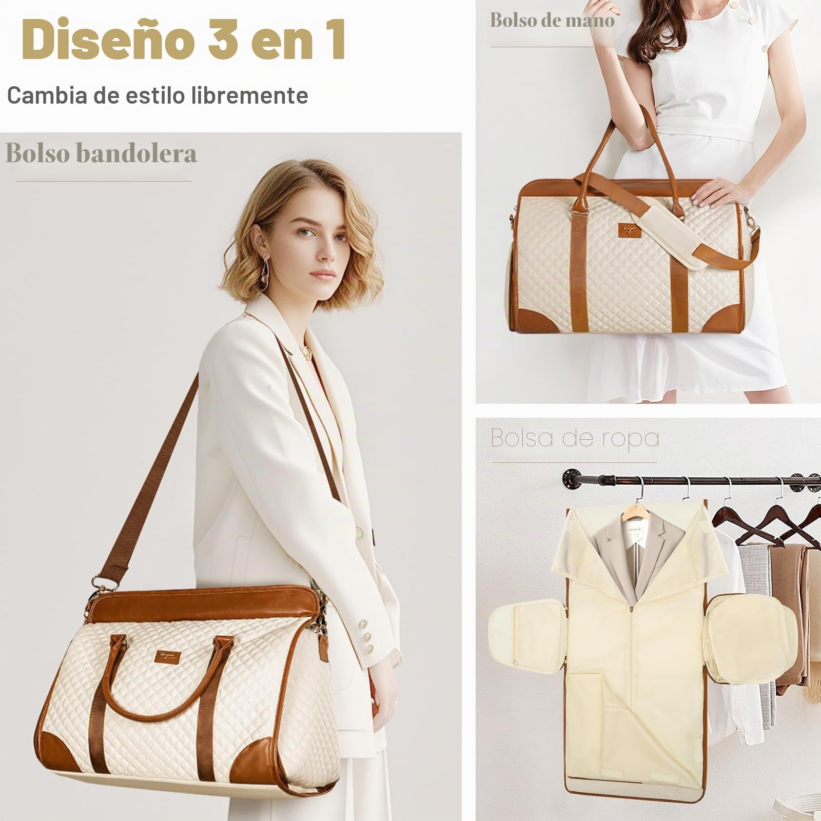 Portatrajes 2 en 1, Bolso de Viaje para Mujer, portatrajes Convertible para Llevar contigo, Bolso de Lona Grande Impermeable de Cuero PU con Bolsa para Zapatos,Beige