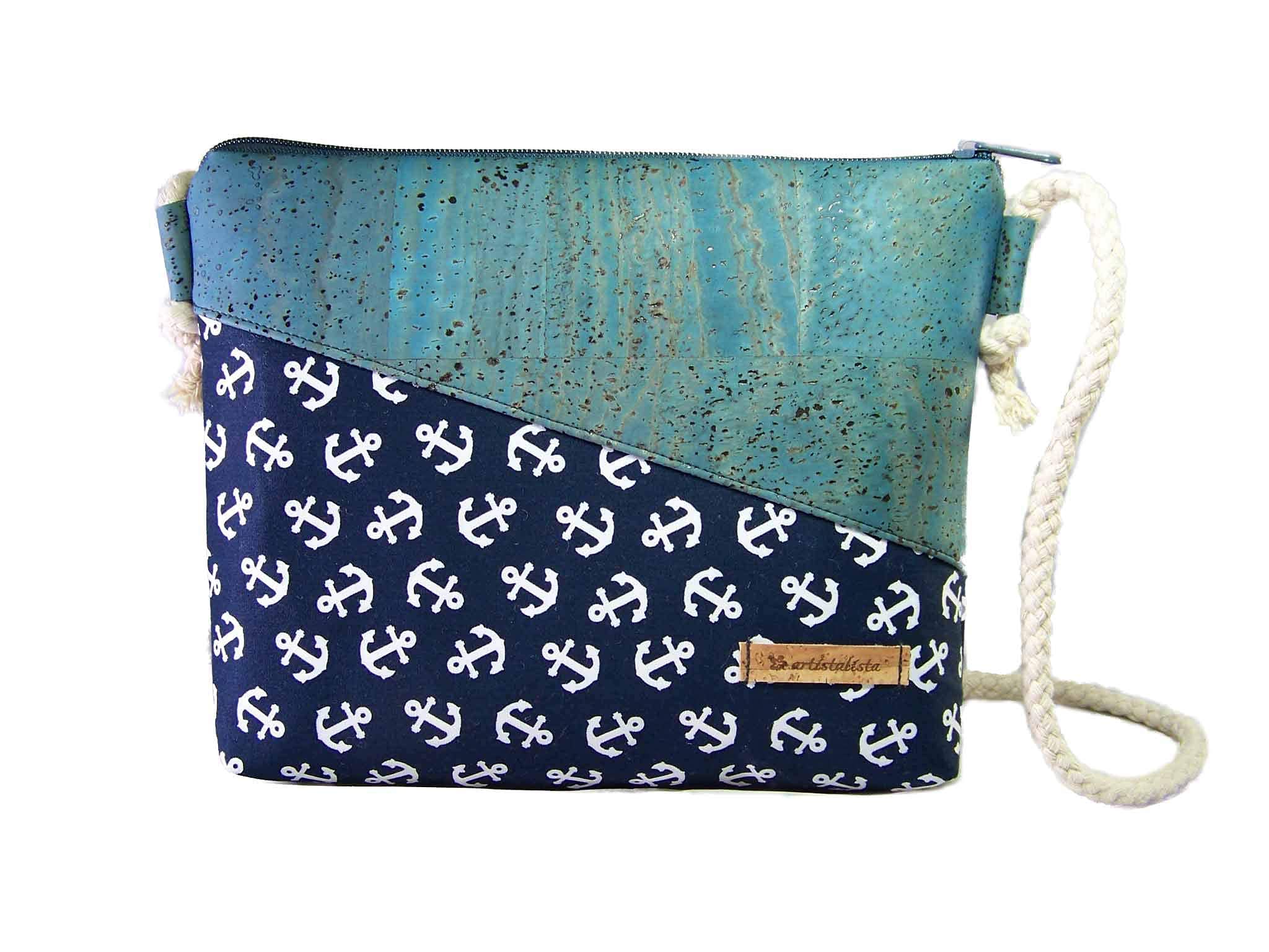 Handmade Korktasche mit Anker Stoff + Kork Schultertasche Umhängetasche Damen Tasche Handtasche, nachhaltig vegan und fair