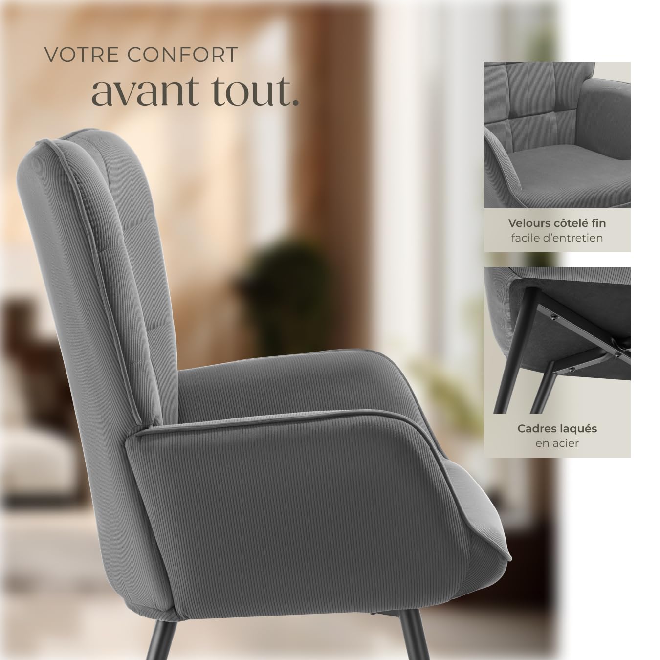 tectake® Fauteuil Relax Confortable en Velours côtelé Fauteuil Scandinave Moelleux avec Accoudoirs & Dossier Ergonomique pour Salle à Manger, Salon, Chambre, Siege Bureau, Allaitement Gris/Noir