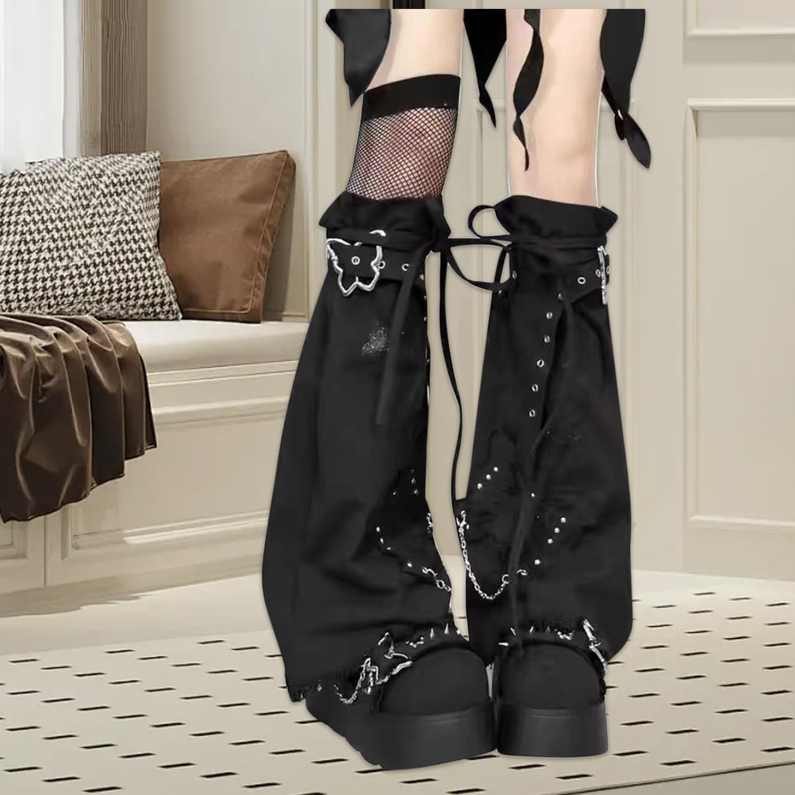 Scaldamuscoli da donna, scaldamuscoli punk con collana - Outfit Cosplay calzini alti | Per donne ragazze bambini inverno Natale Halloween attività all'aperto