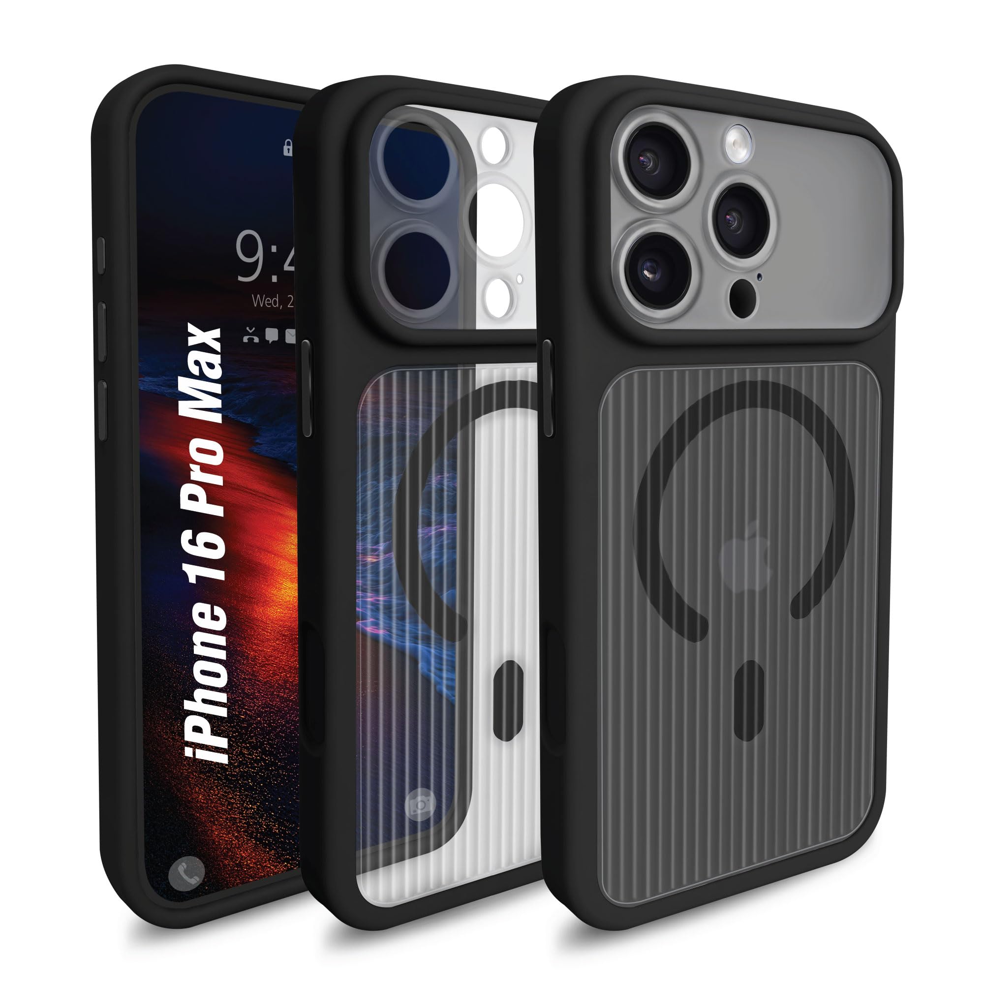 AIBEX® Protective Corrugated-Pattern Case Compatible for Apple iPhone 16 Pro Max MagSafe Compatible | Slim Shockproof Back Cover with Camera Lens Protection, Strong Magnetic Support - Black