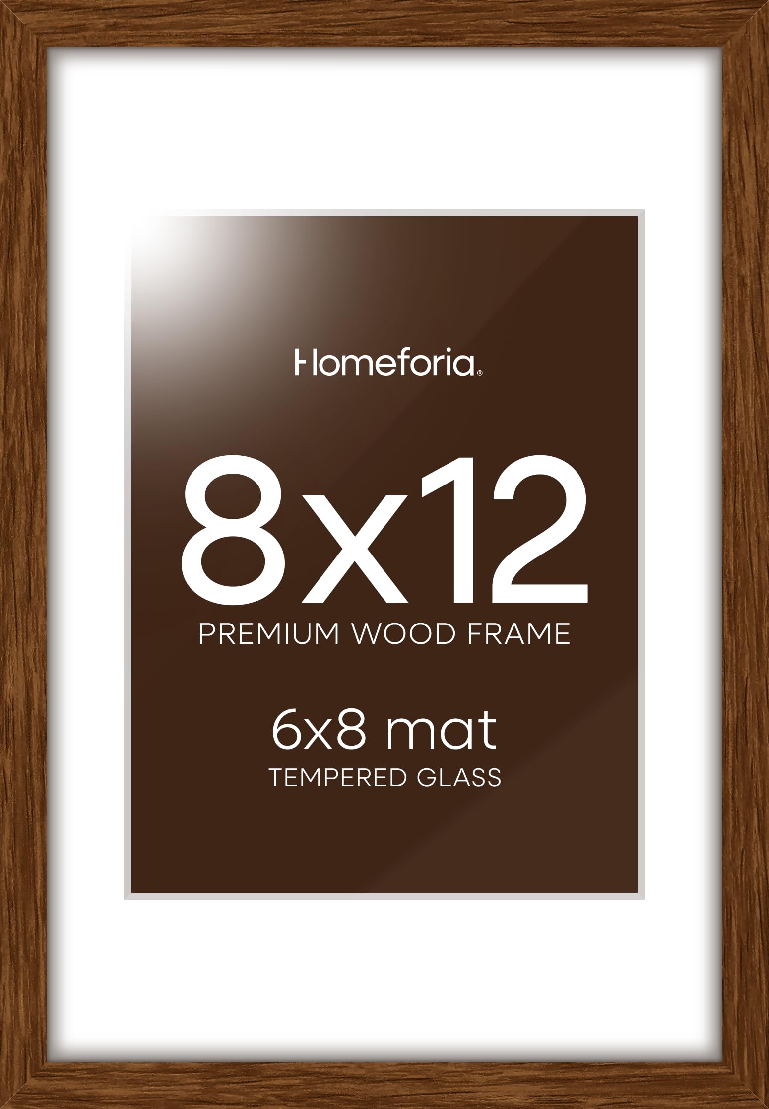 Homeforia 8x12 Brown Oak Picture Frame, High-End Wood, 6x8 Mat, Glass