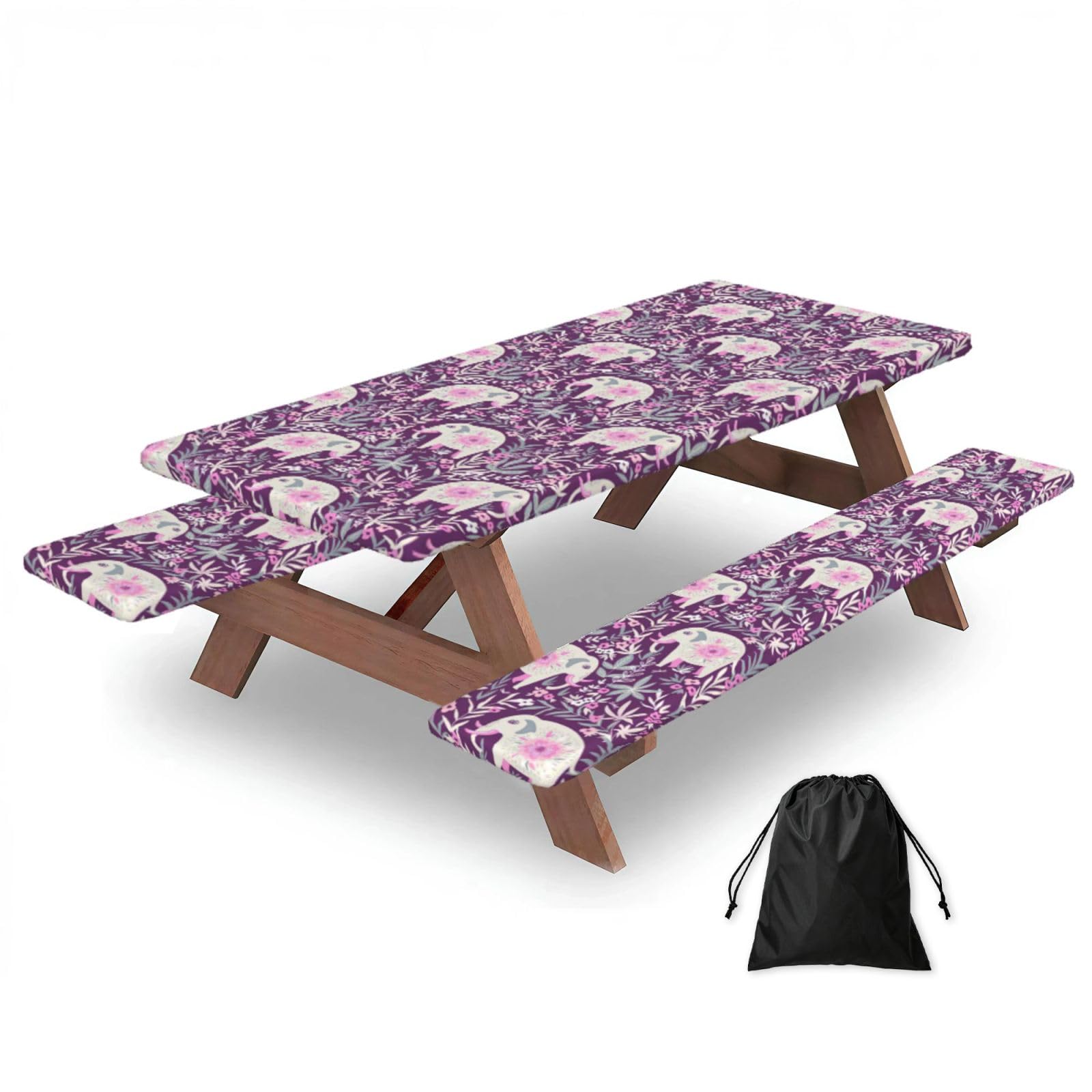 Yqxwjl Black Flower-Elephant Print Camping Essentials Waterproof Camping Table And Bench Cover With Drawstring Bag 183 Cm