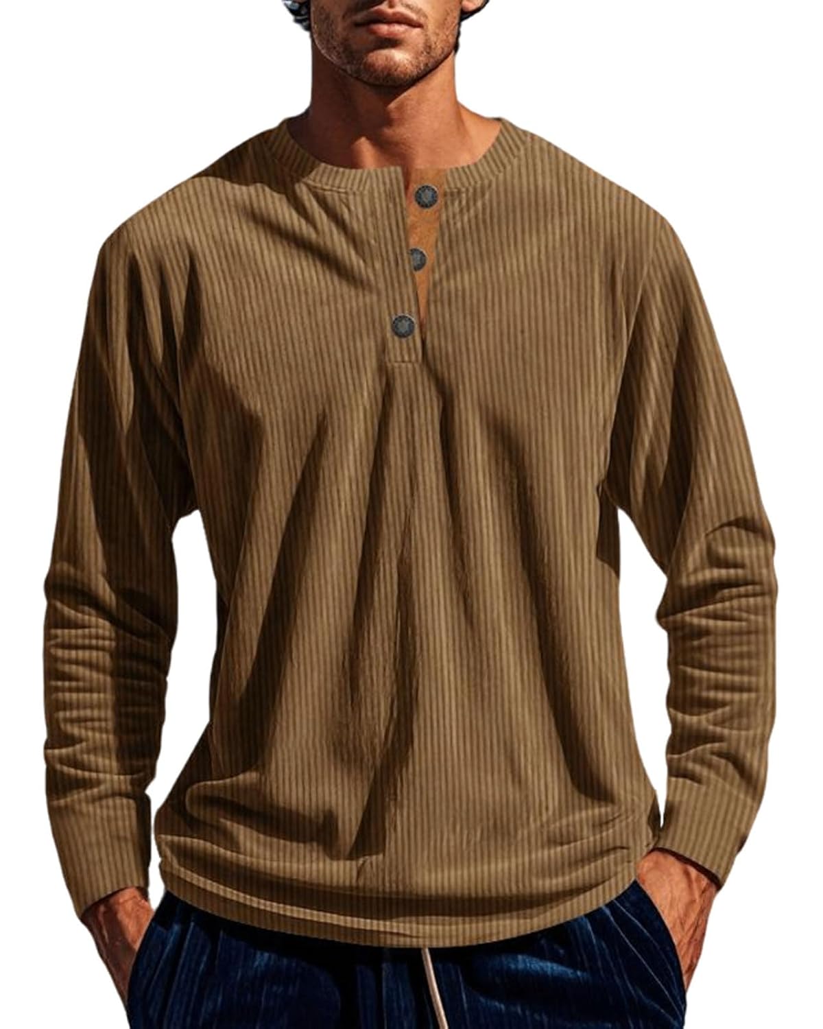 Angbater Camisetas masculinas da moda Henley manga longa pulôver básica com botões leves camisetas de veludo cotelê