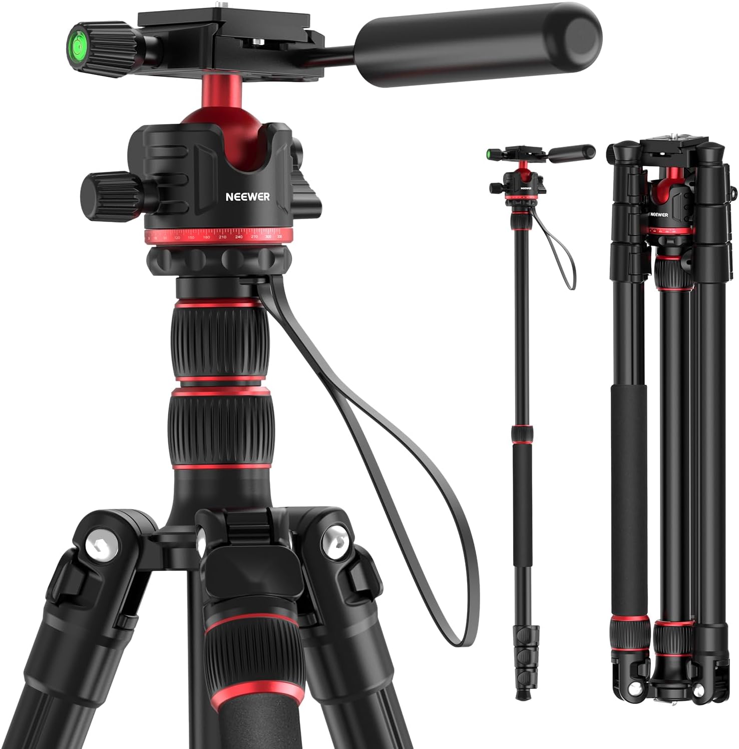 NEEWER Basics Camera Tripod Monopod, 77" Compact Lightweight Travel DSLR Video Stand, 360° Ball Head, Arca Type QR Plate, Reversible Legs & Inverted Central Axis, 13lb Max Load, TP08