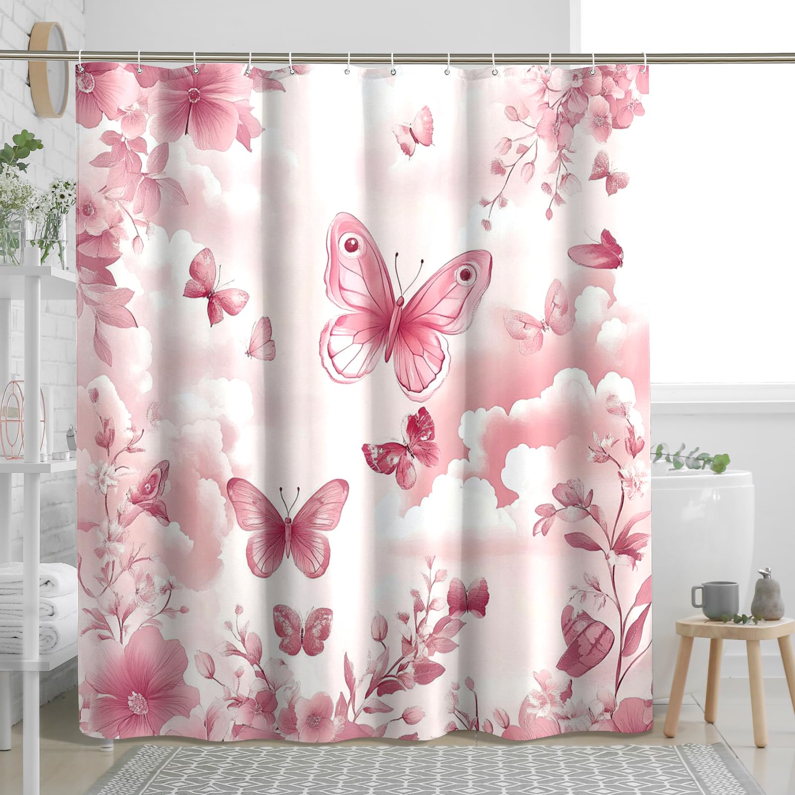 DESIHOM Peach Cute Butterflies Shower Curtain Set, Kawaii Fun Kids Shower Curtain, Cute Girls Bathroom Accessories, Fabric Decorative -62 Inch