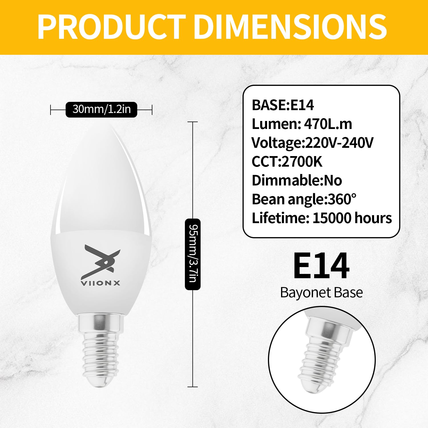 VIIONX E14 LED Light Bulb, 4.9W (40W Equivalent), 470 Lumens, Warm White 2700K, Non-Dimmable - Image 2