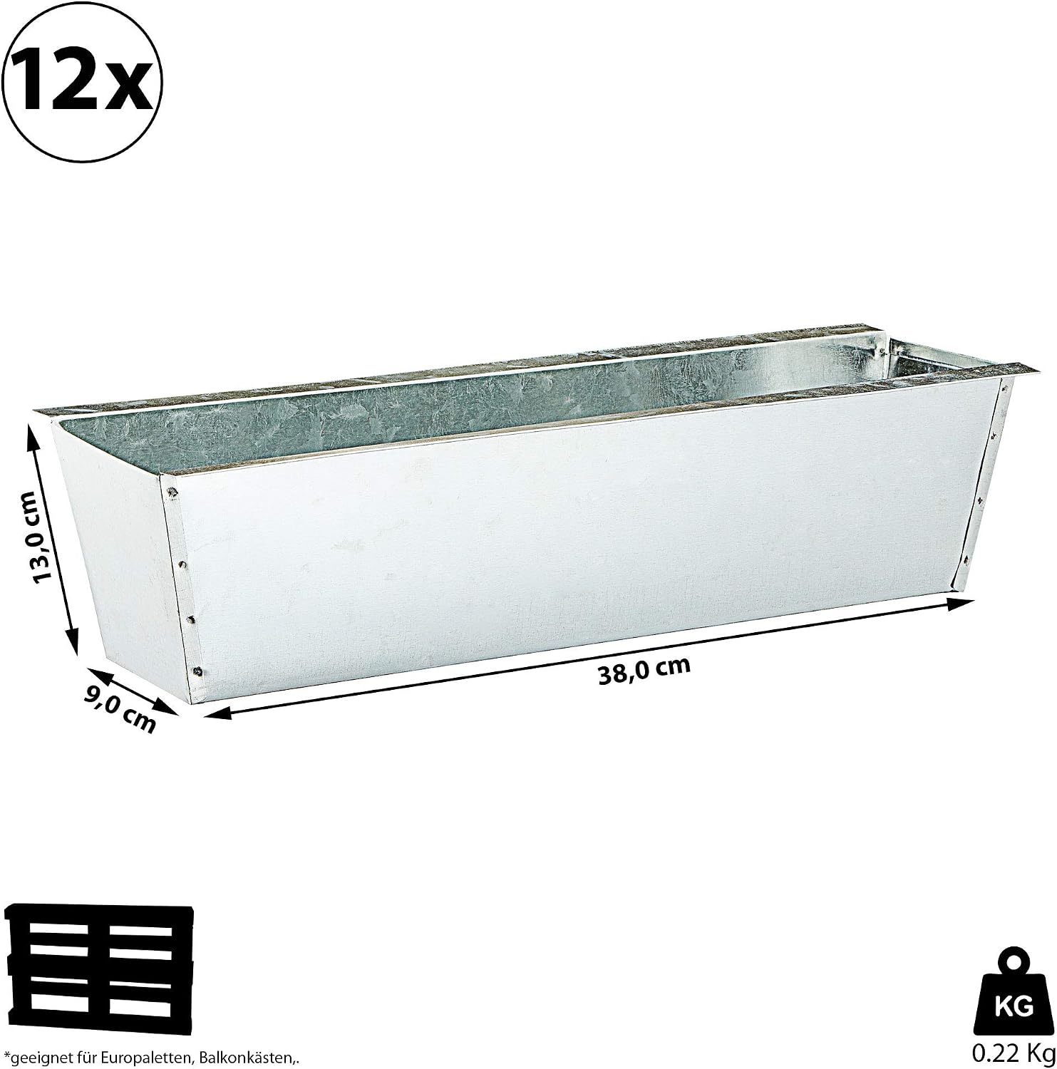 Plant Box Suitable for Euro Pallets Set of 12 Zinc Plant Pots (1 x Set of 12 Zinc Plant Boxes), Silver, 9 x 38 x 13 cm - Image 4