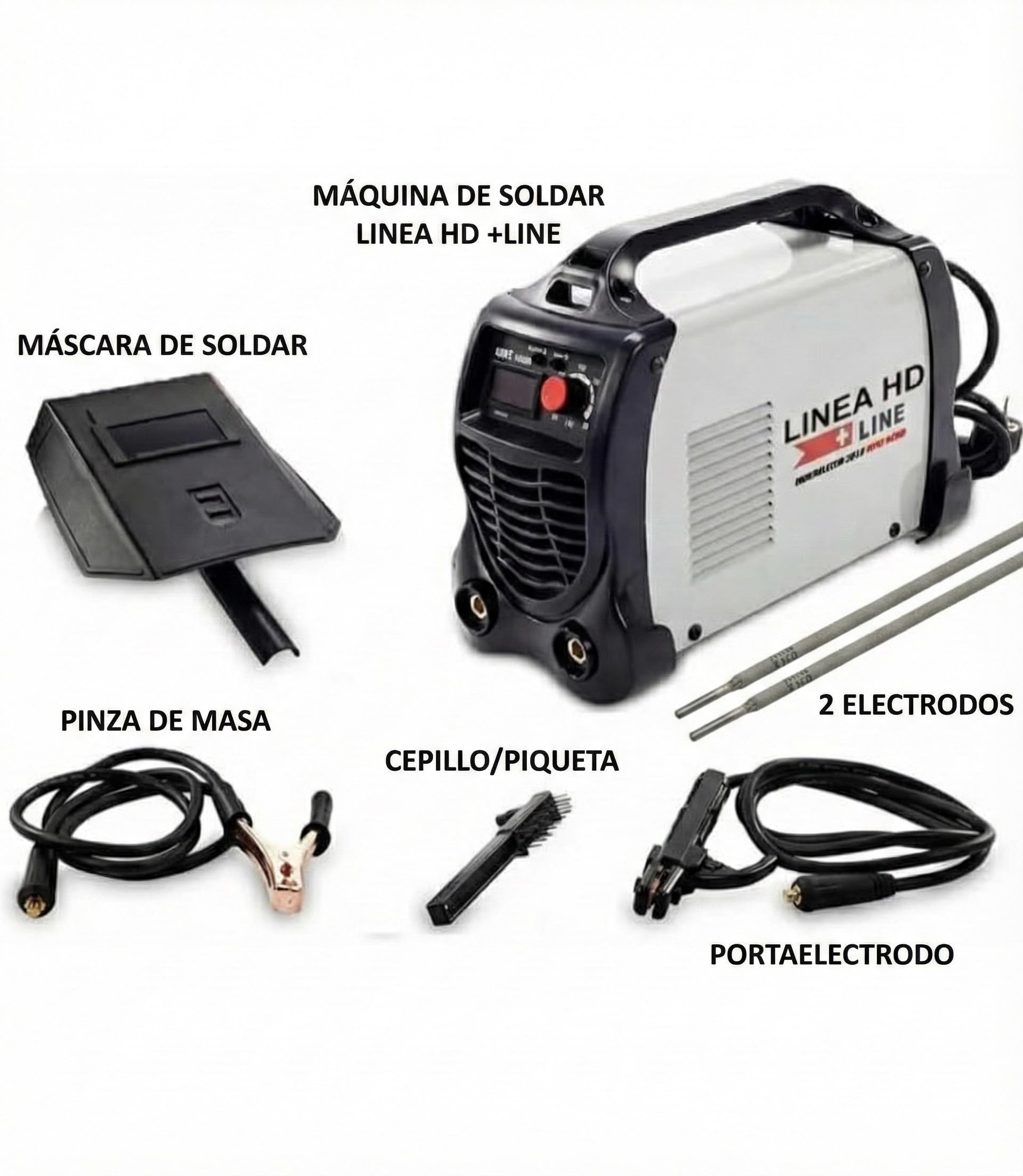 Soldador Inverter Profesional 300A - 15 KVA, Tecnología IGBT, Corriente Continua DC MMA, Pantalla, Incluye 2 Electrodos, Careta, Cepillo, Piqueta, Pinza Porta Electrodo Negativo