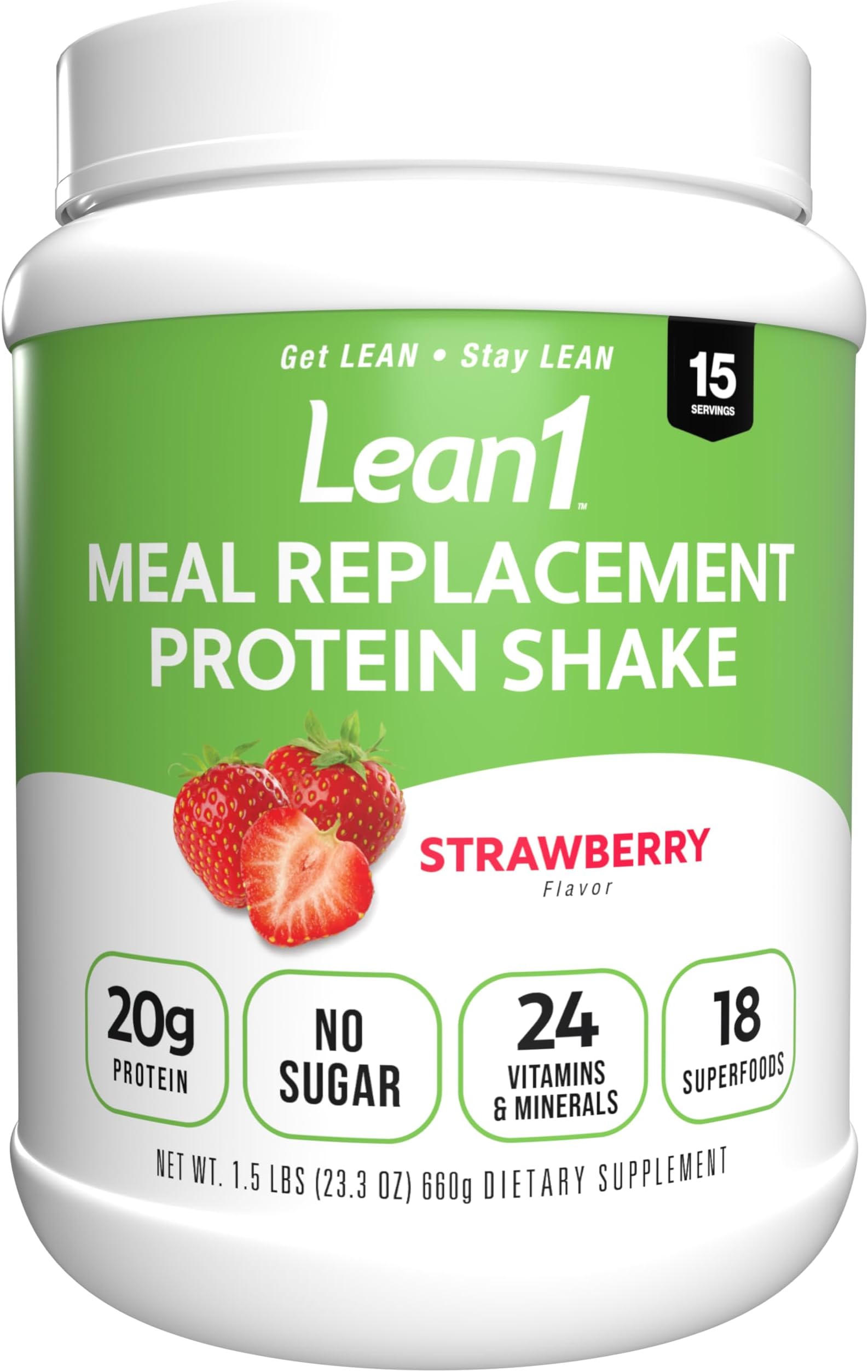 Lean1 Meal Replacement Protein Shake, Strawberry Flavor, 15 Serving Tub