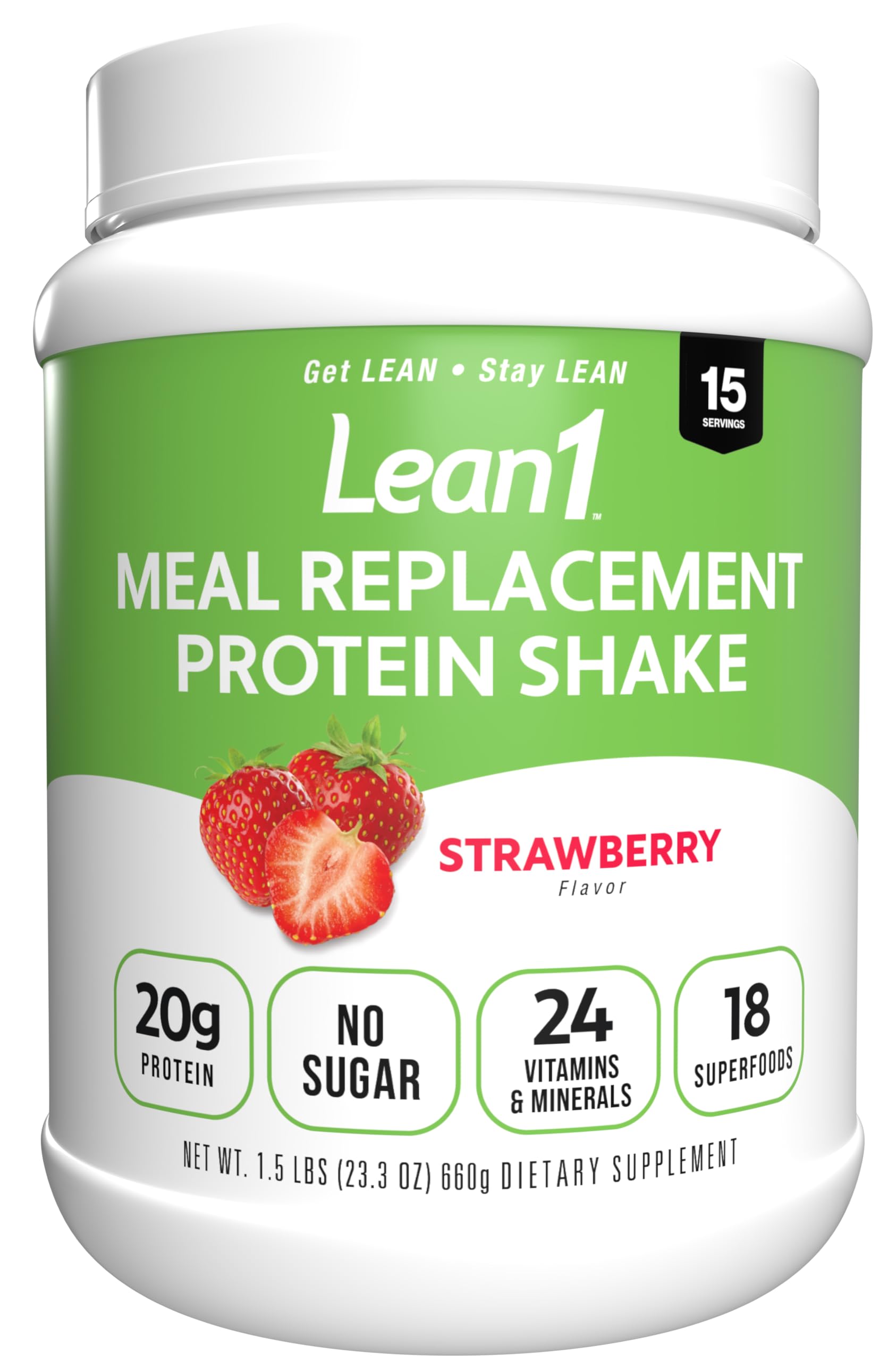 Lean1 Meal Replacement Protein Shake, Strawberry Flavor, 15 Serving Tub