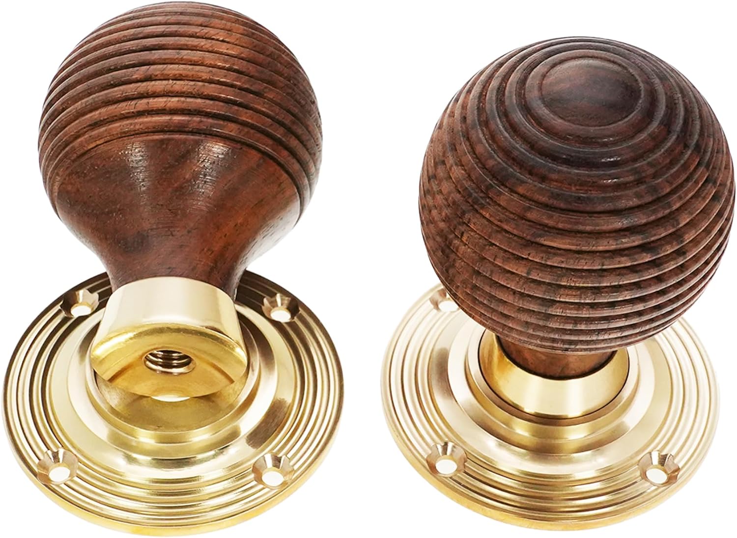 Infinity Decor Pair of Traditional Style Rosewood Beehive Rim Door Knobs Set 55mm - Polished Brass Rose Door Handles Ideal for Internal & External Doors